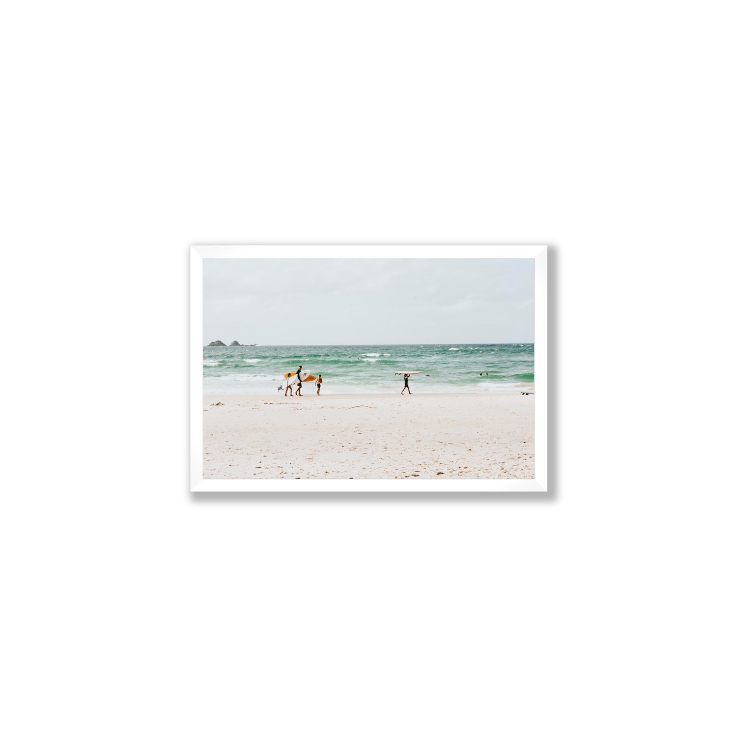 La Famiglia Byron Bay Family Surf coastal wall art Medium full-bleed fine art print in white frame