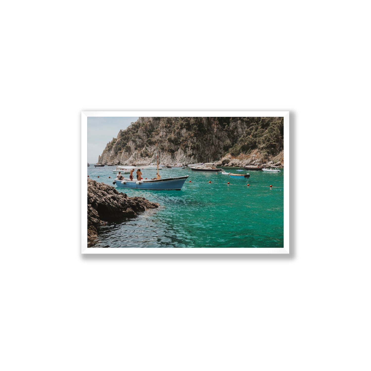 Cozy Cove Capri coastal Mediterranean wall art Large full-bleed fine art print in white frame
