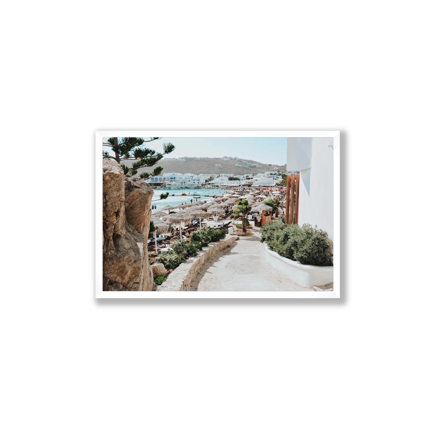 Kalimera Mykonos Greek island wall art Large full-bleed fine art print in white frame