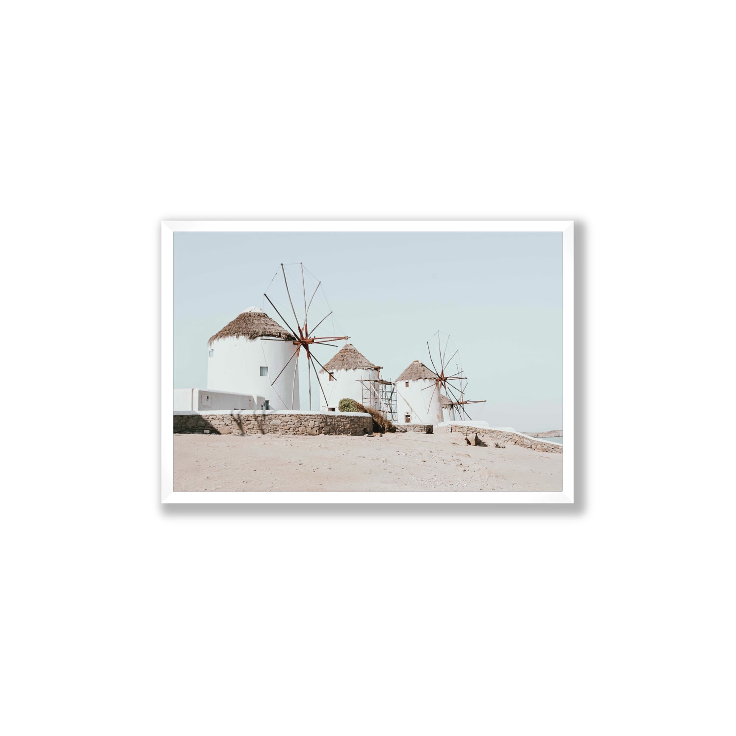 Rustic Icons Mykonos Greek island wall art Large full-bleed fine art print in white frame