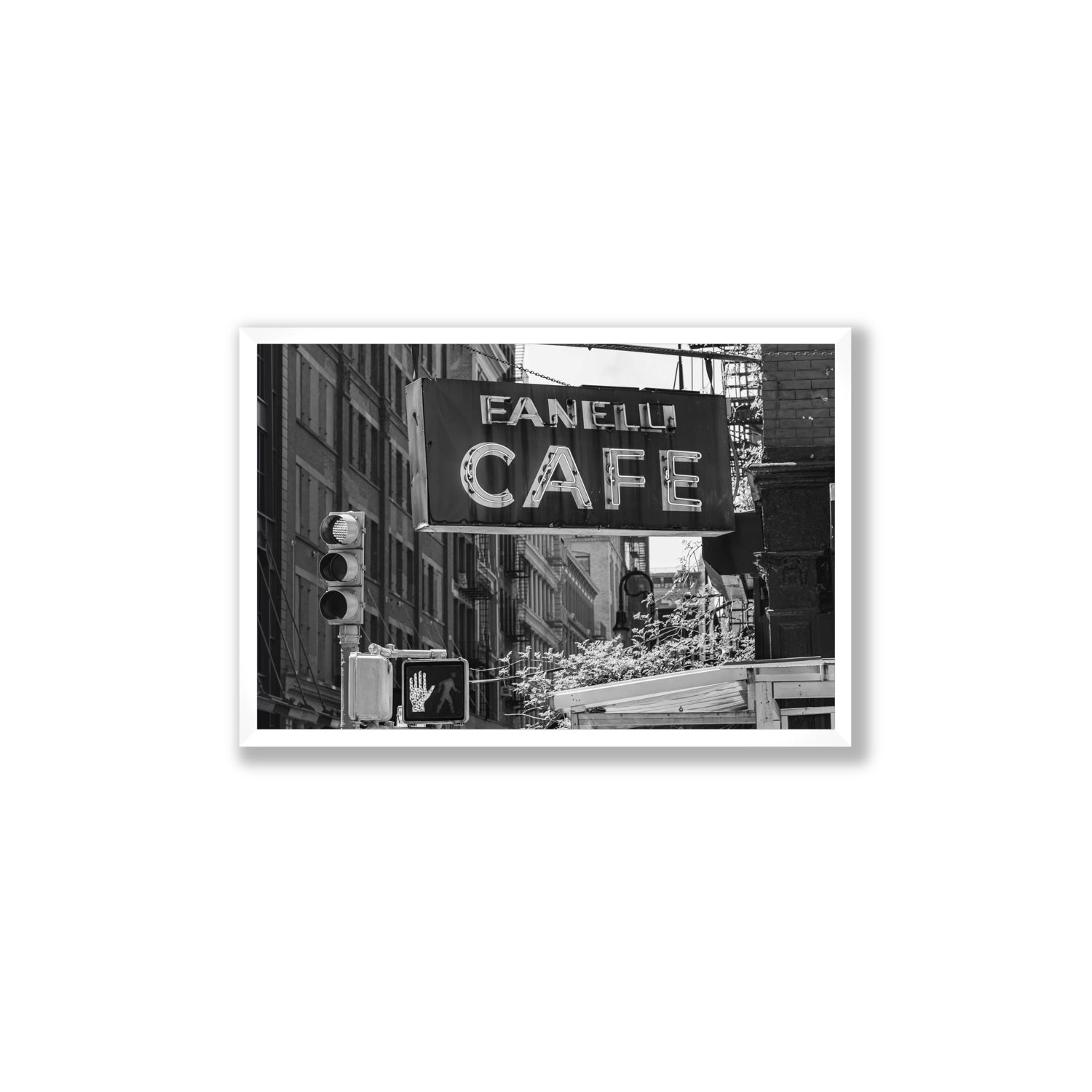 Soho Neon New York NYC Black & White wall art Large full-bleed fine art print in white frame