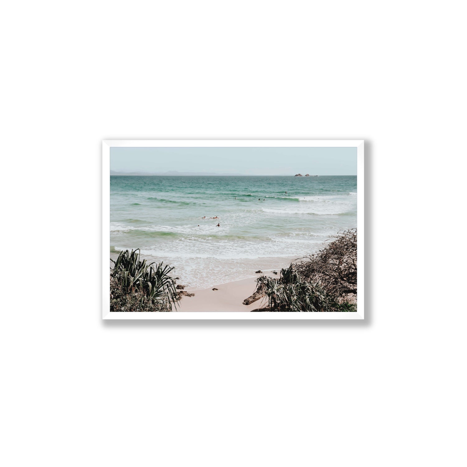 Surf City Byron Bay Surf coastal wall art Large full-bleed fine art print in white frame