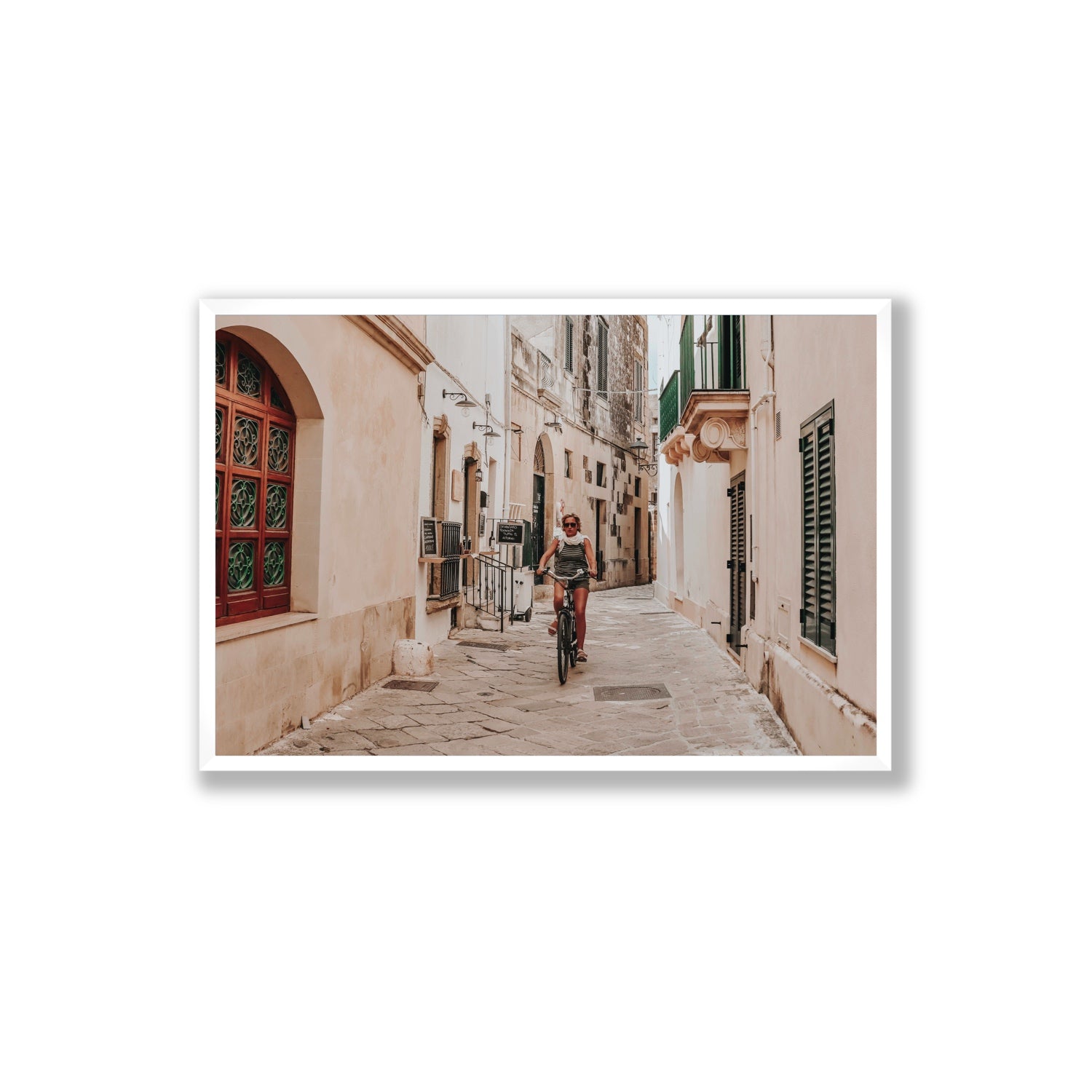 La Donna In Bicicletta Puglia Wall Italian fine art print Extra Large full-bleed fine art print in white frame