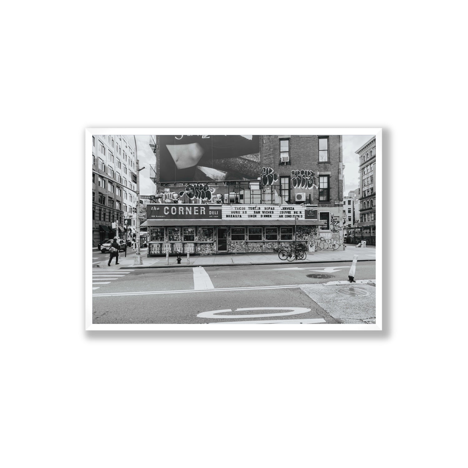 Kenmare Street New York NYC Black & White wall art Extra Large full-bleed fine art print in white frame