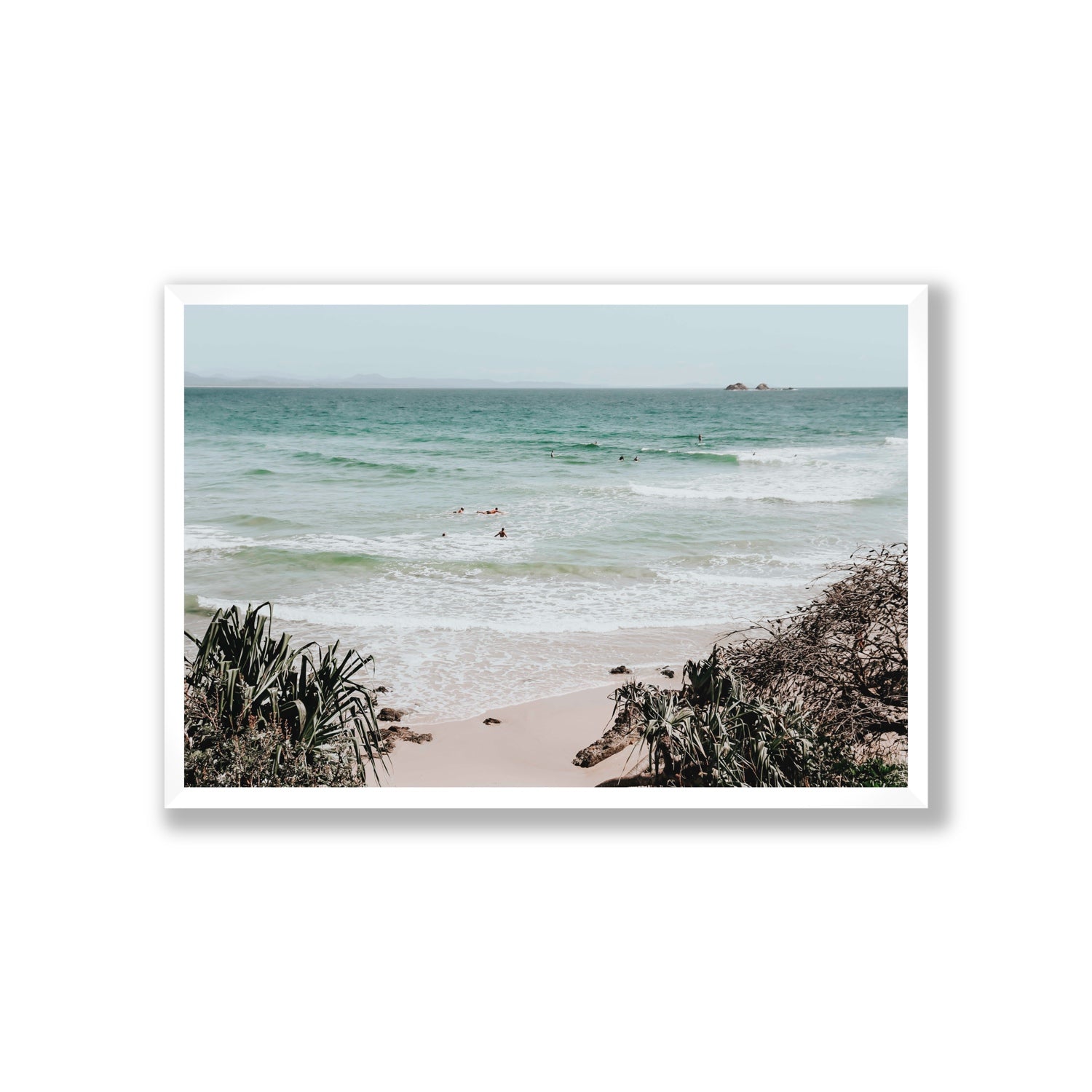 Surf City Byron Bay Surf coastal wall art Giant full-bleed fine art print in white frame