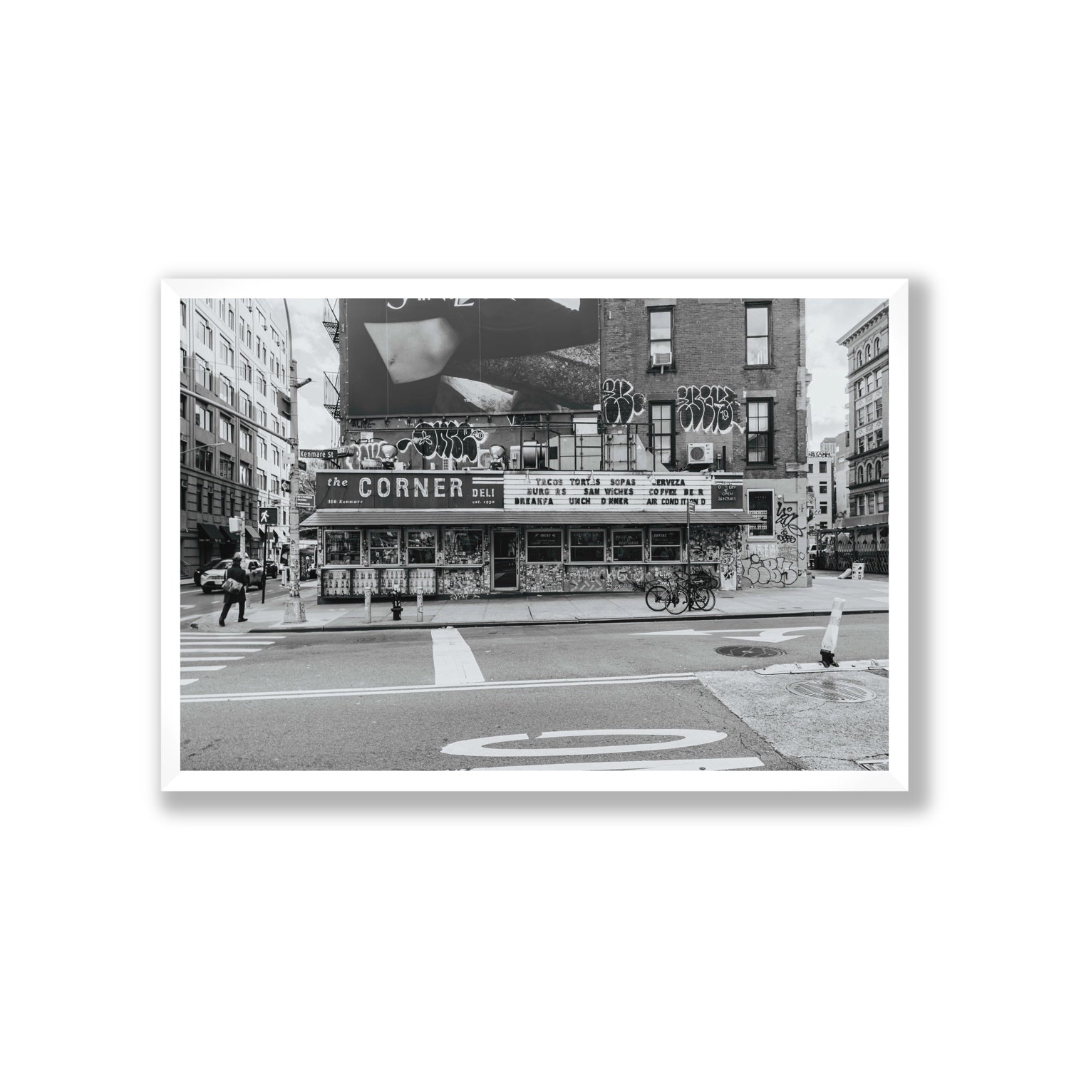 Kenmare Street New York NYC Black & White wall art Giant full-bleed fine art print in white frame