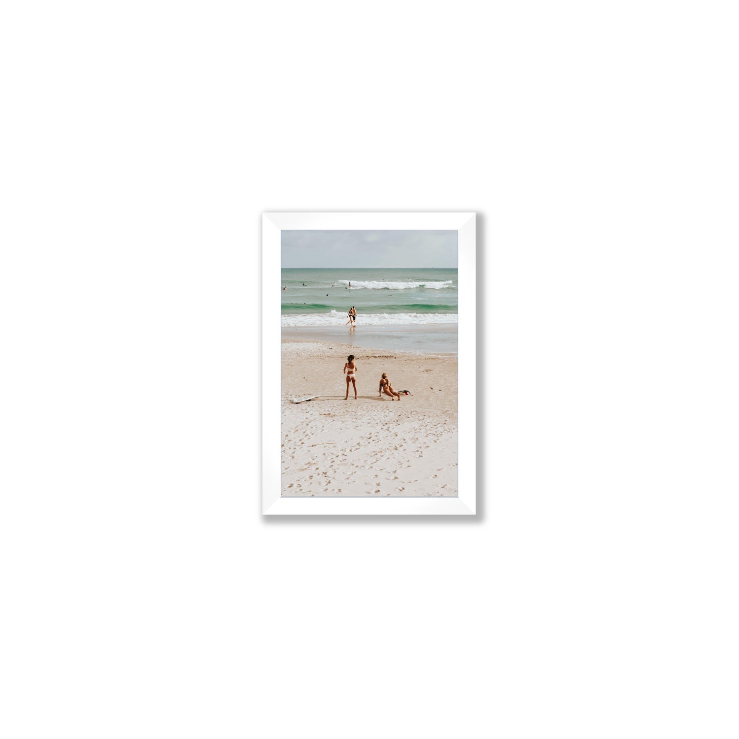Gidget & Betty Byron Bay beach coastal wall art Small full-bleed fine art print in white frame