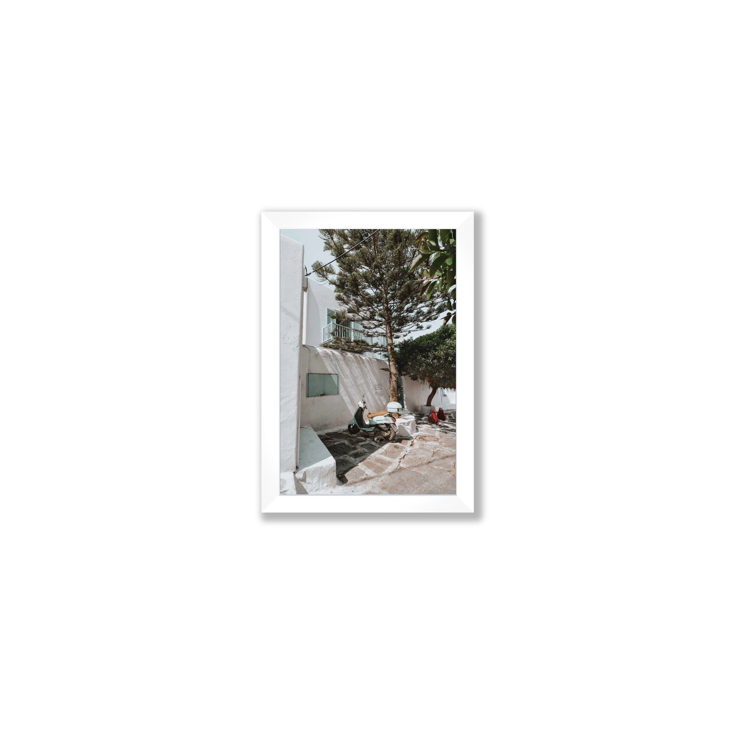 The Getaway Mykonos Mediterranean Greek island art print Small full-bleed fine art print in white frame