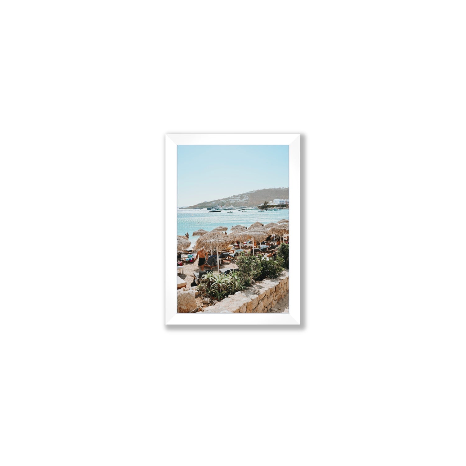 Beachside Huts Mykonos Greek island wall art Small full-bleed fine art print in white frame