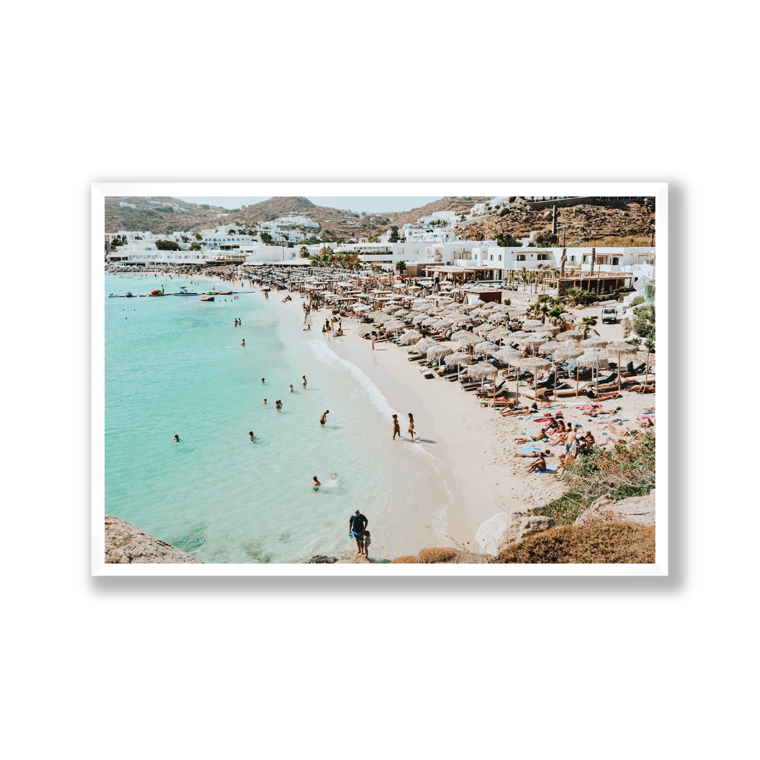 Aquaholic Mykonos Greek island wall art Gallery full-bleed fine art print in white frame