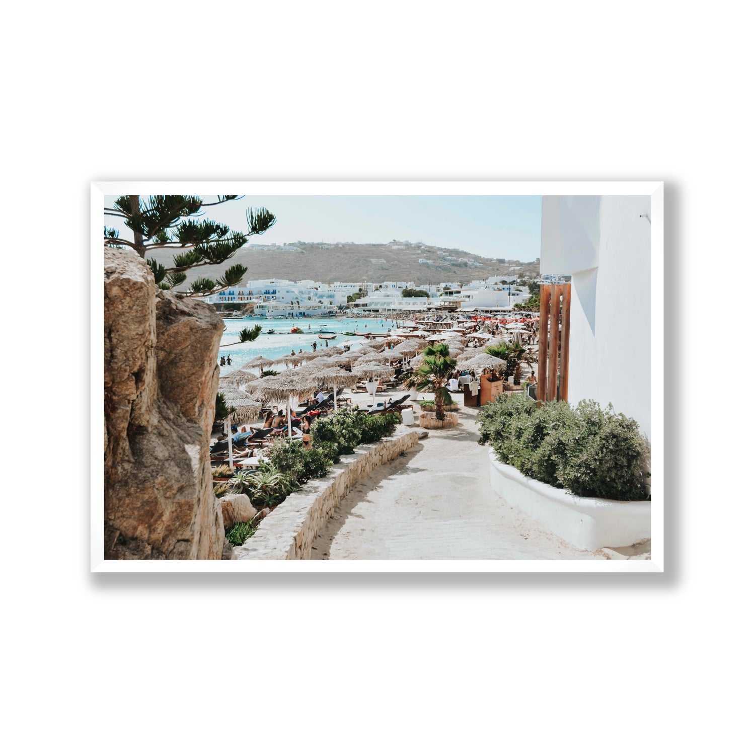 Kalimera Mykonos Greek island wall art Gallery full-bleed fine art print in white frame
