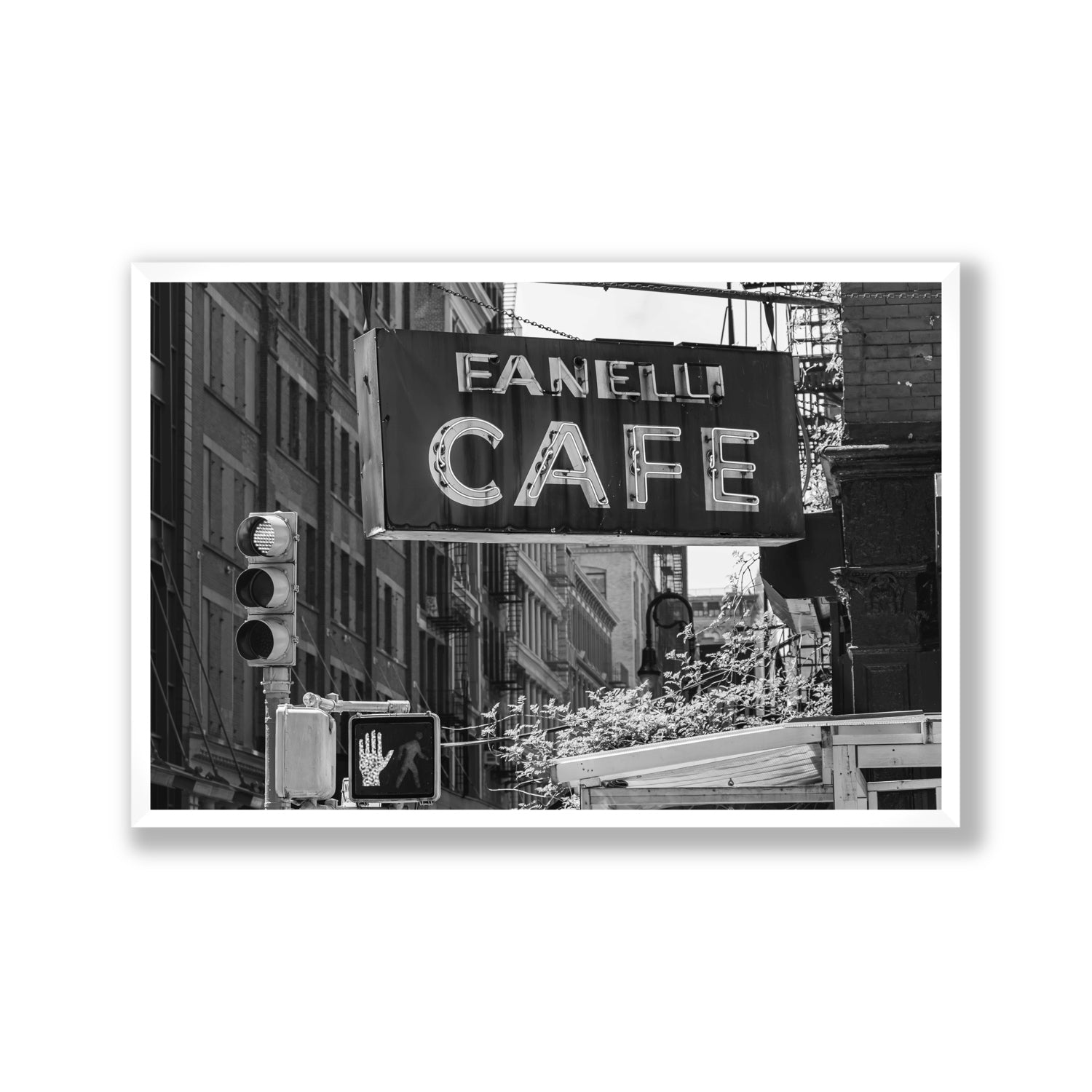 Soho Neon New York NYC Black & White wall art Gallery full-bleed fine art print in white frame