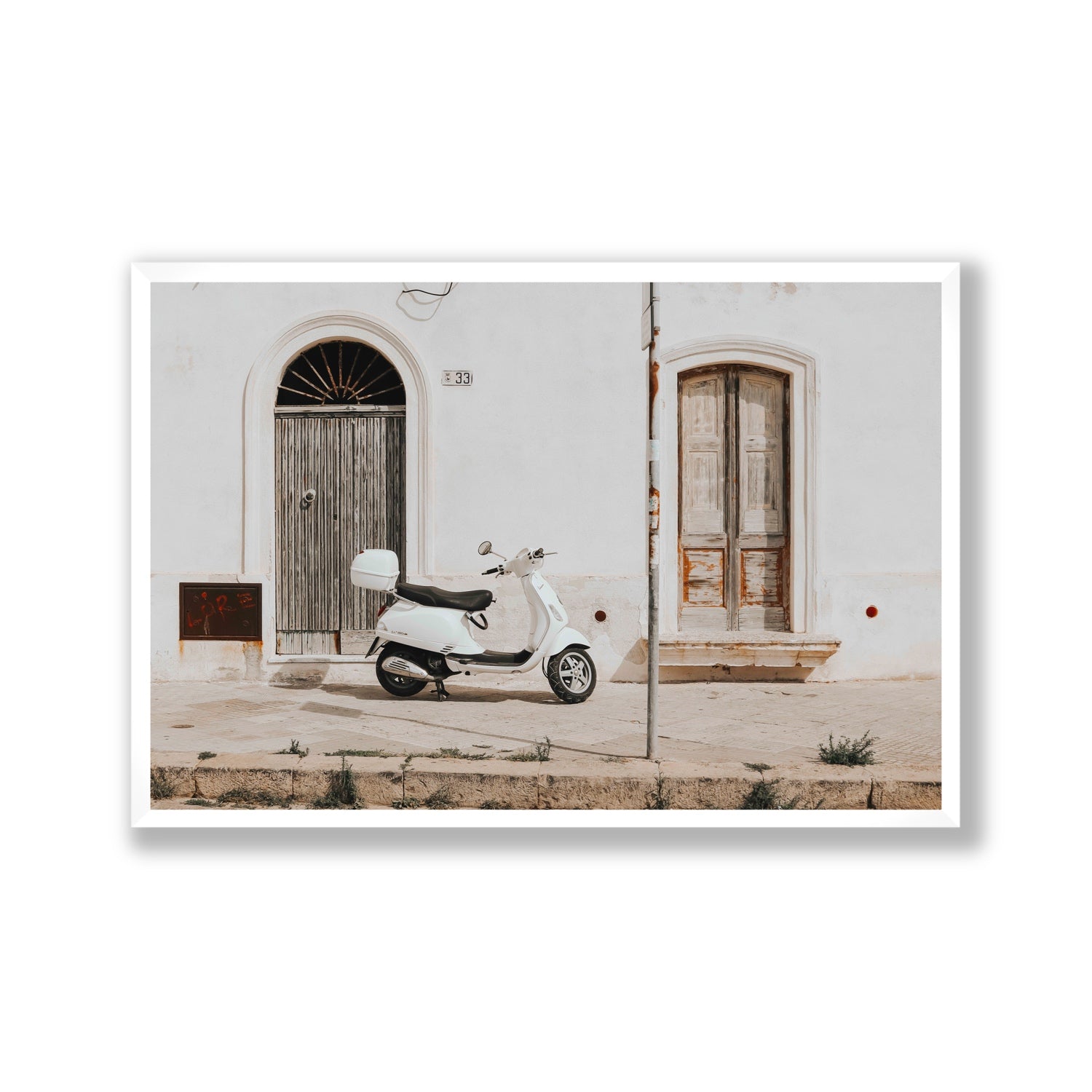 Vespa Nostalgia Puglia Italian wall art Gallery full-bleed fine art print in white frame
