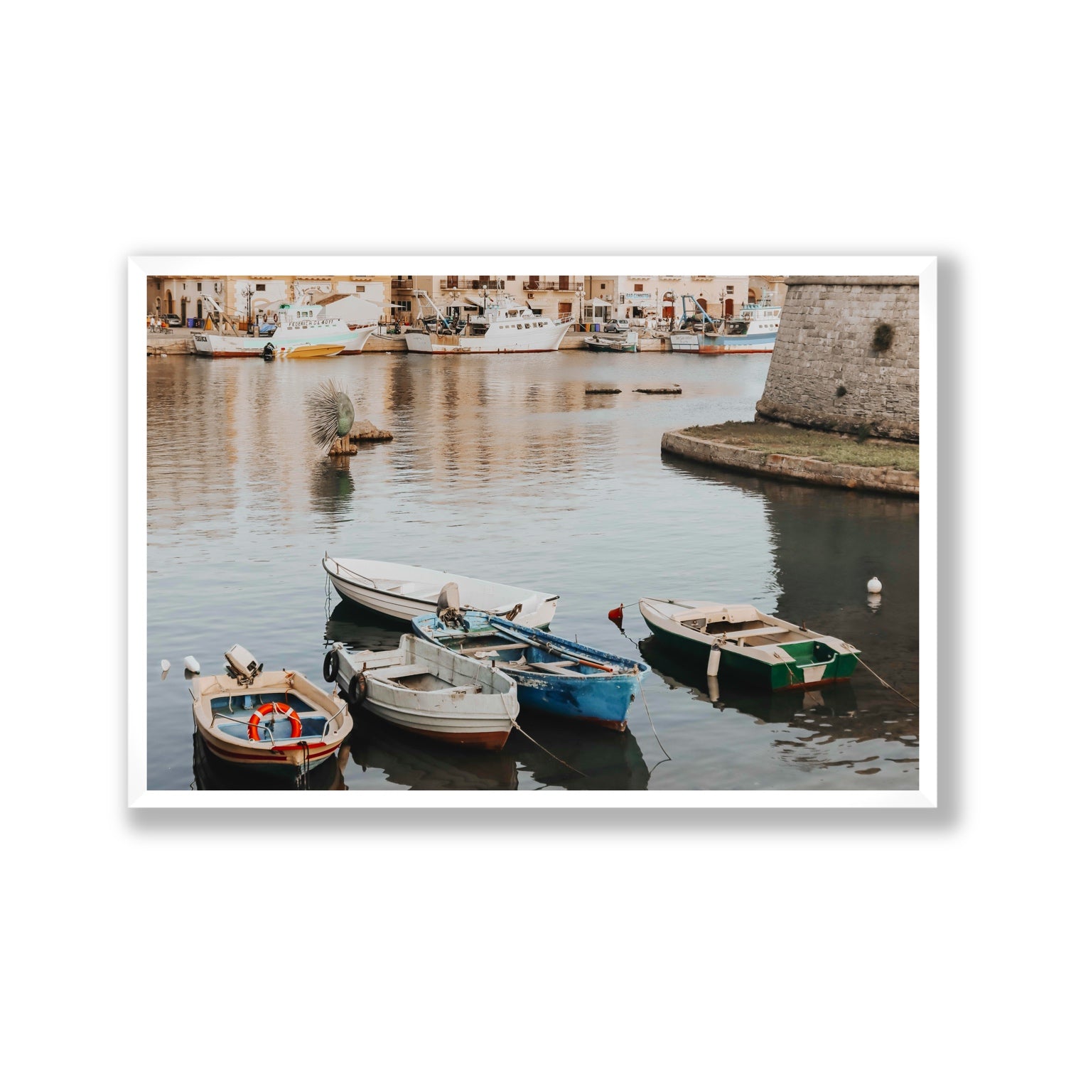 Cinque Barche Puglia Gallipoli Italian art print Gallery full-bleed fine art print in white frame