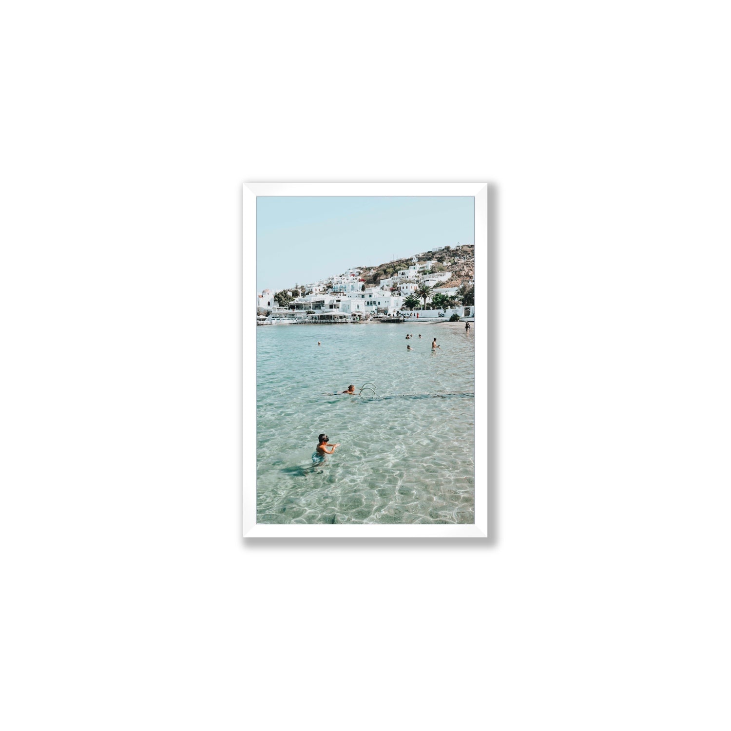 Beside The Seaside Mykonos beach Greek island wall art Medium full-bleed fine art print in white frame