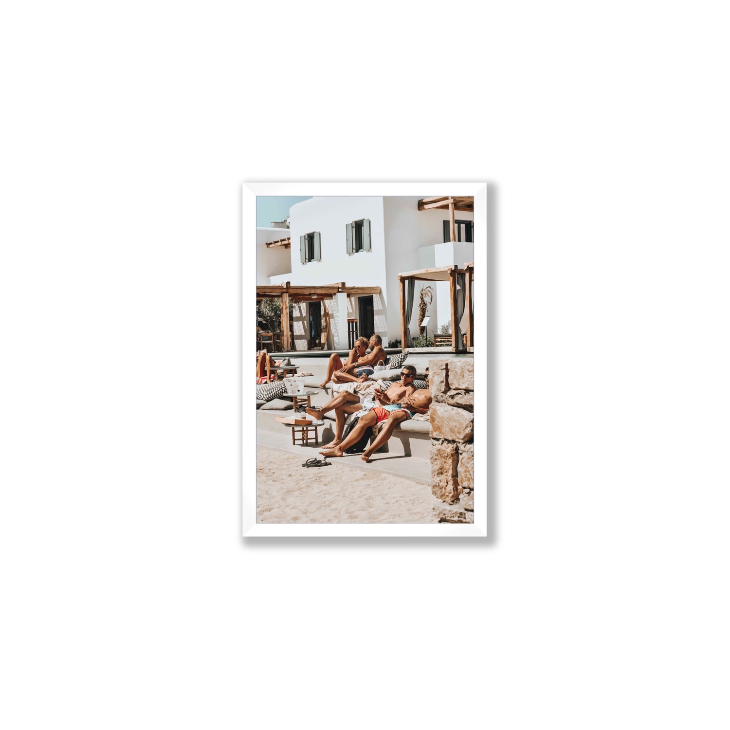 Style That Sizzles Mykonos Greek island wall art Medium full-bleed fine art print in white frame