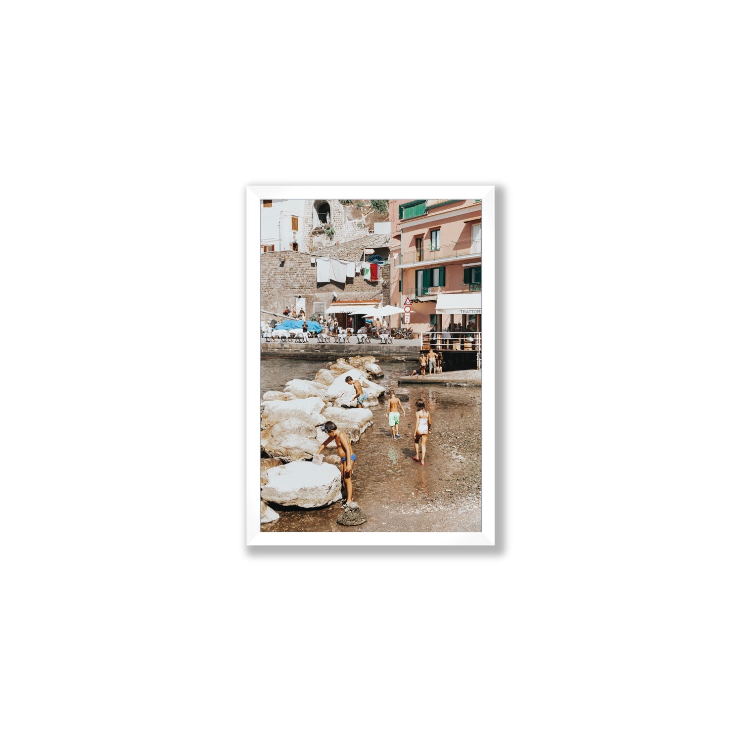 The Beachcombers Sorrento beach coastal wall art Medium full-bleed fine art print in white frame