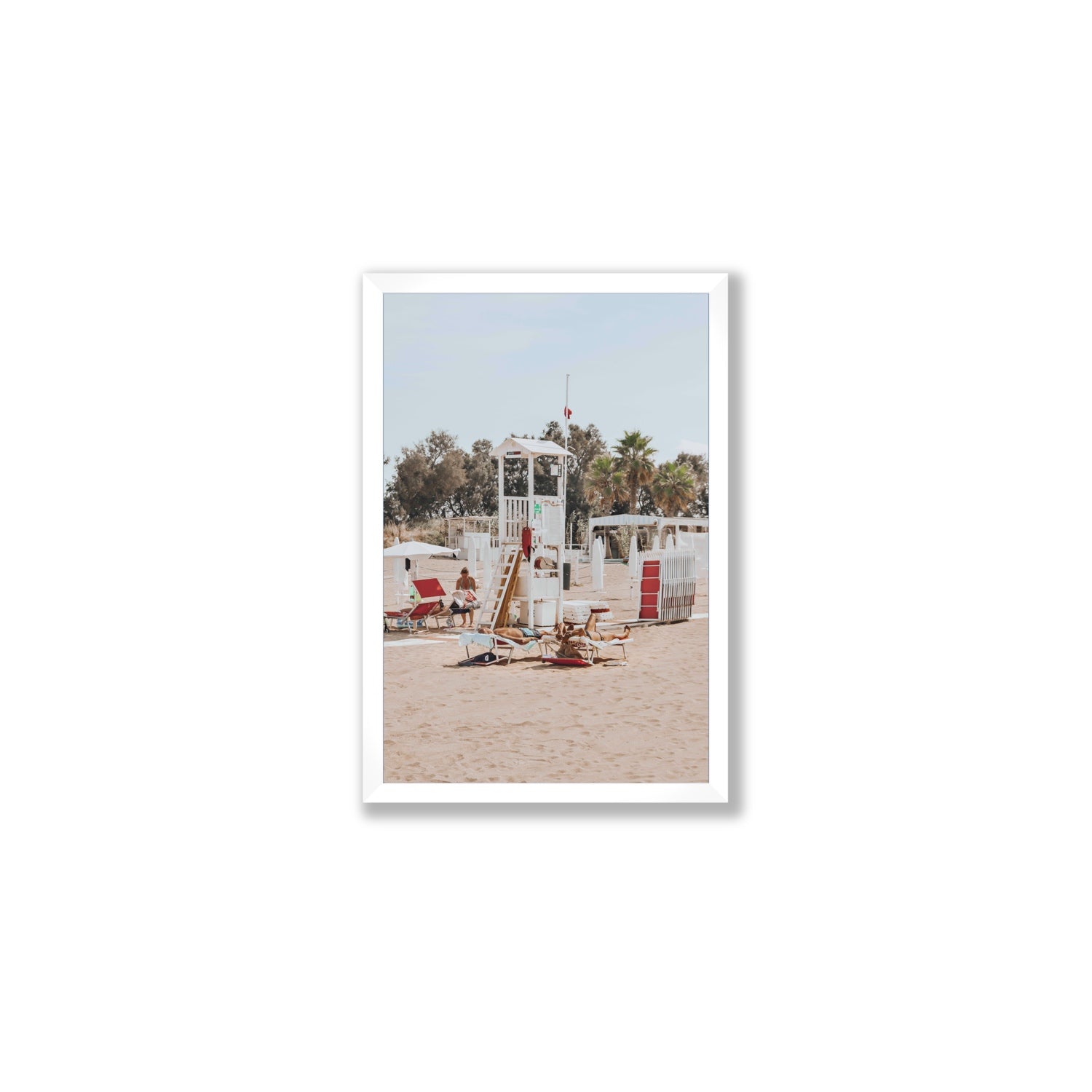 Red Lounge Reverie Puglia beach coastal wall art Medium full-bleed fine art print in white frame