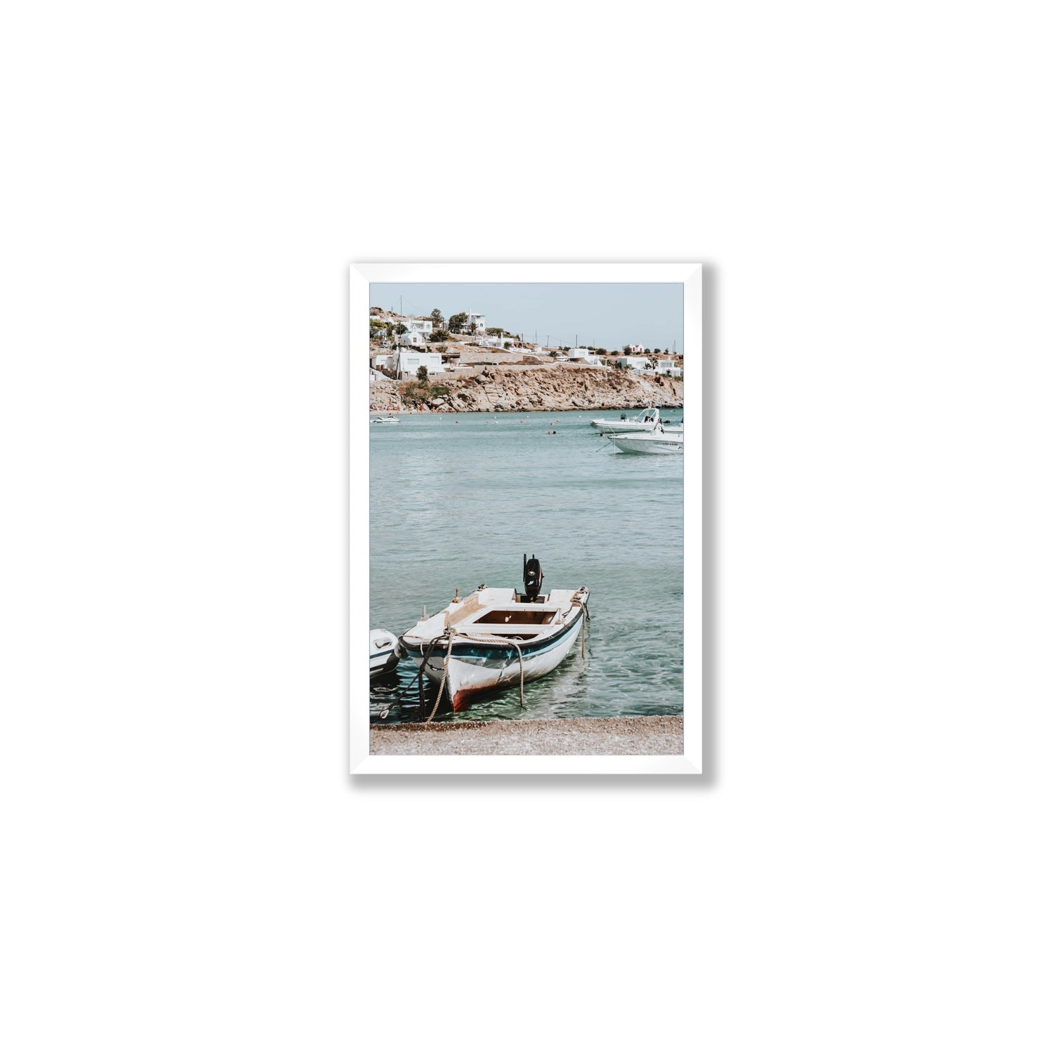 Classic Wheels Mykonos Greek island wall art Medium full-bleed fine art print in white frame