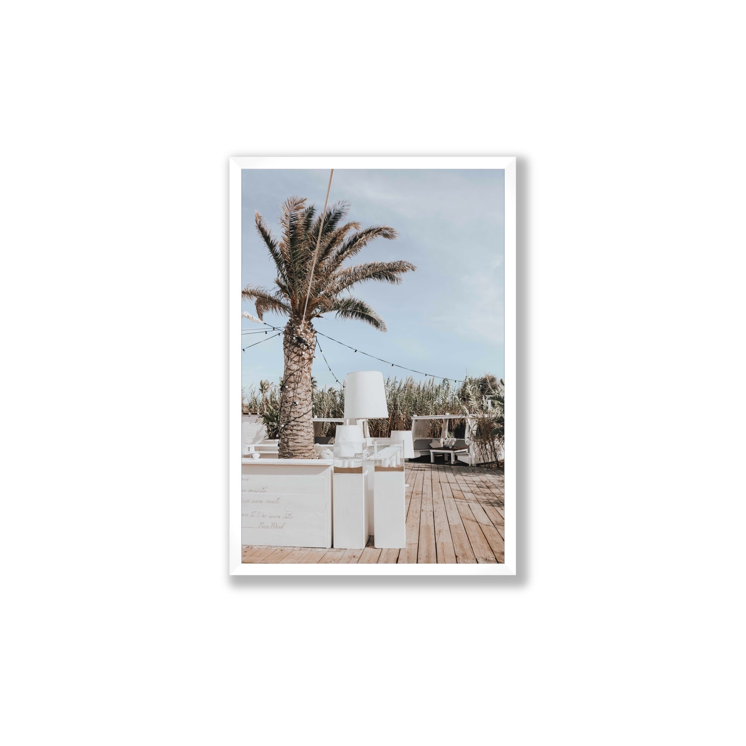 Seabreeze Palm Puglia coastal beach wall art Large full-bleed fine art print in white frame