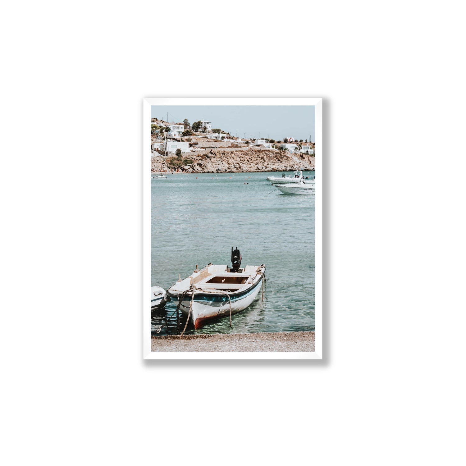 Classic Wheels Mykonos Greek island wall art Large full-bleed fine art print in white frame