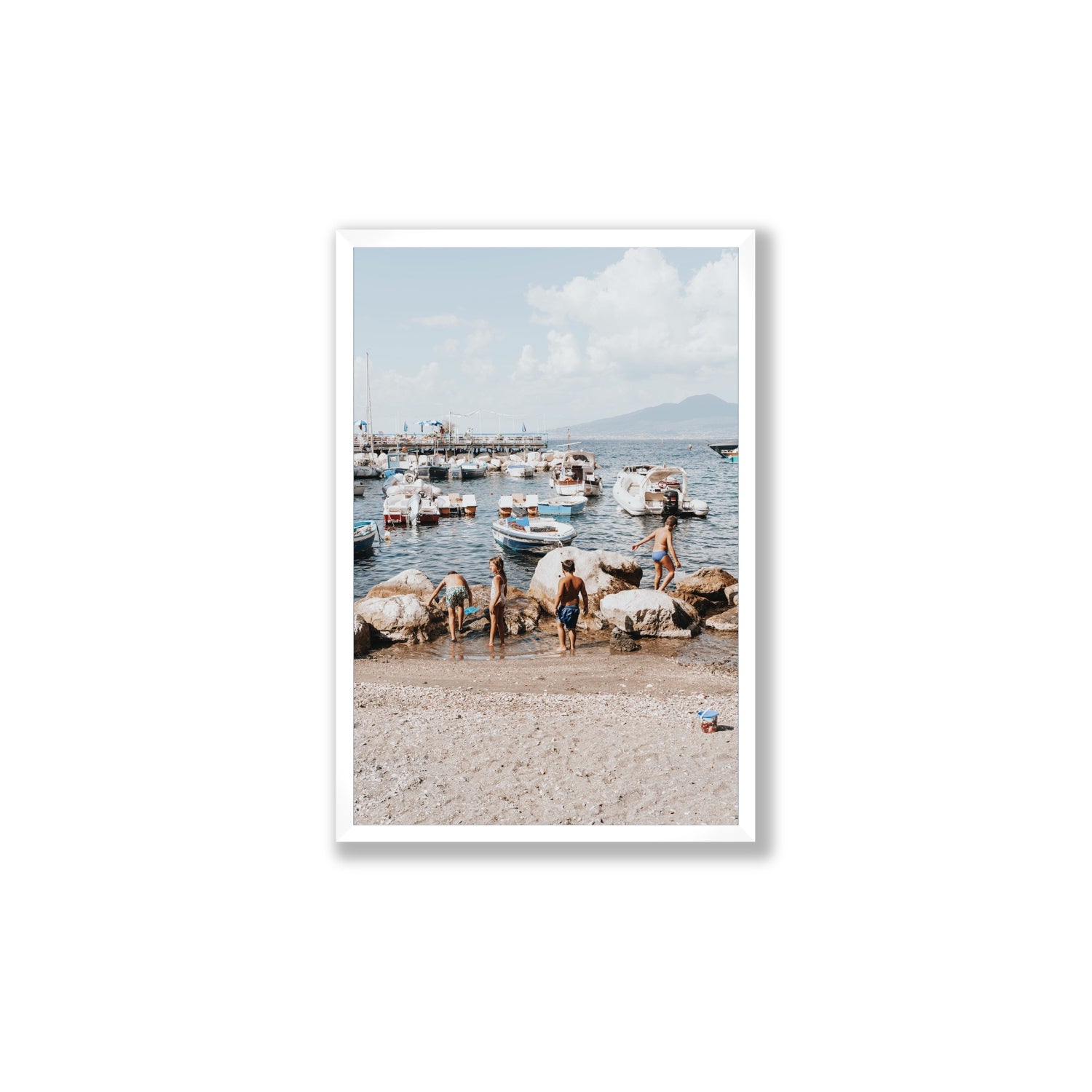 Searching For Treasures Sorrento coastal wall art Large full-bleed fine art print in white frame