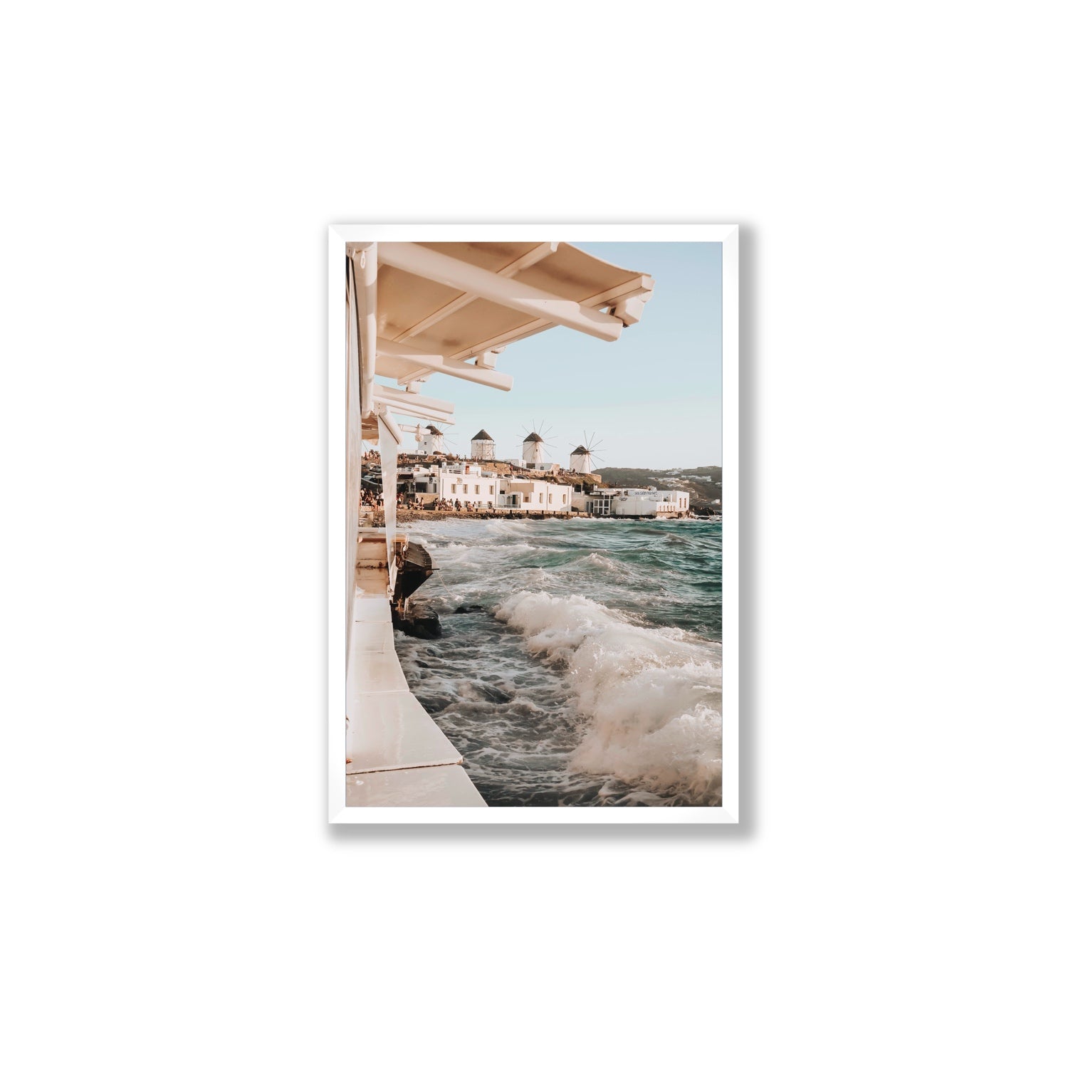 Windmills Mykonos Greek island wall art Large full-bleed fine art print in white frame