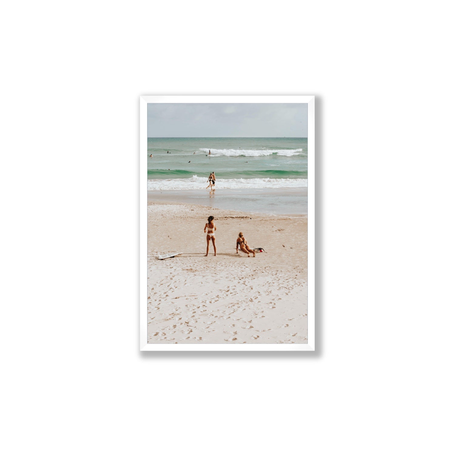 Gidget & Betty Byron Bay beach coastal wall art Large full-bleed fine art print in white frame