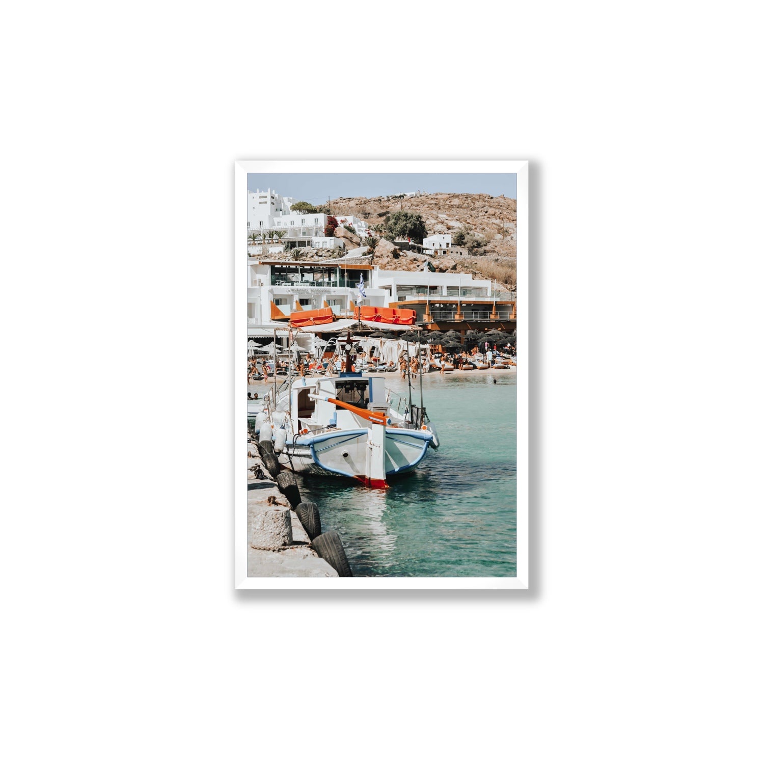 Travel In Style Mykonos Greek island wall art Large full-bleed fine art print in white frame