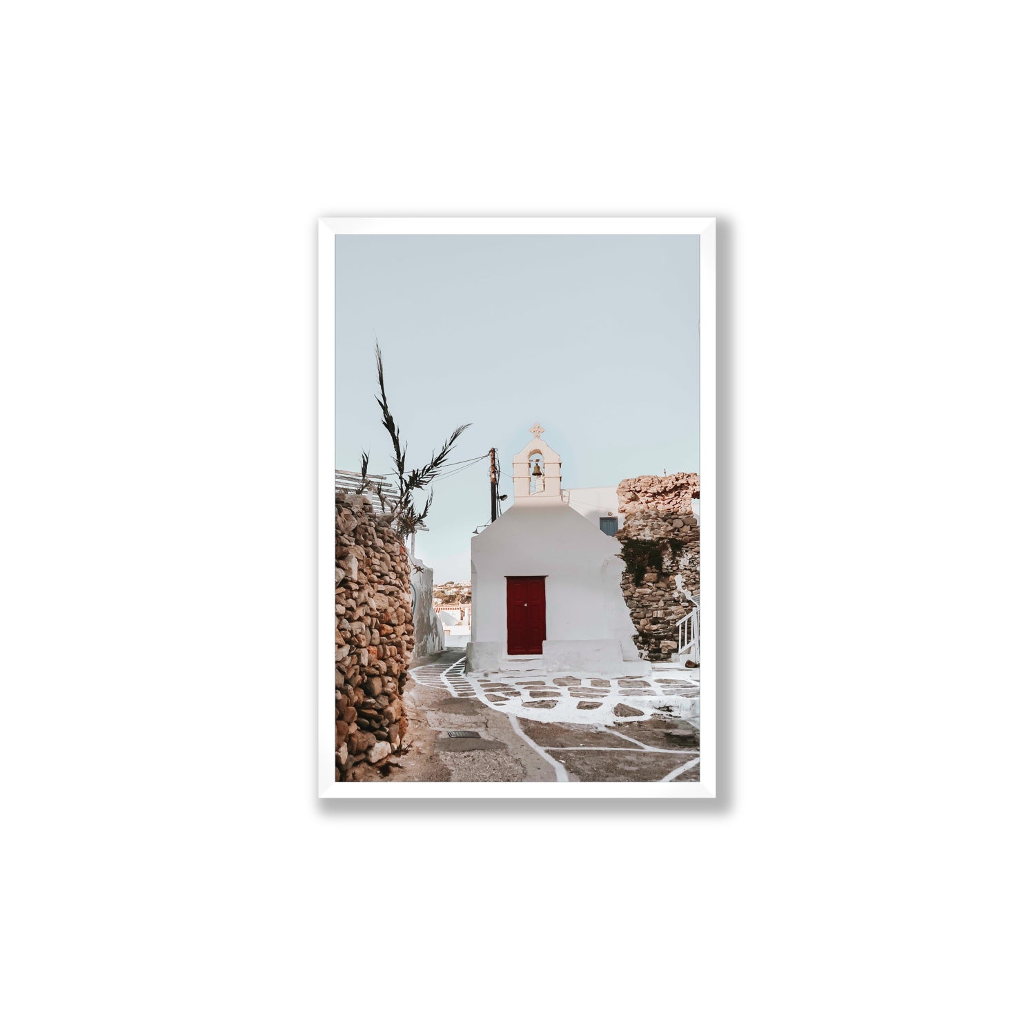 Little Chapel Mykonos Greek island wall art Large full-bleed fine art print in white frame