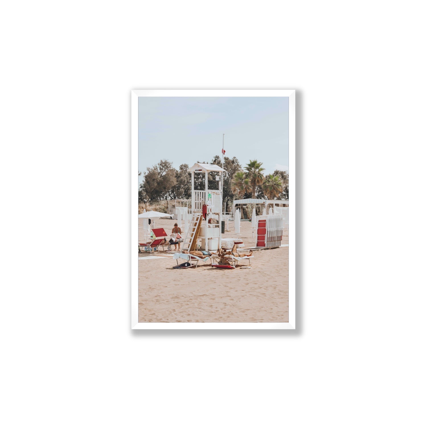 Red Lounge Reverie Puglia beach coastal wall art Large full-bleed fine art print in white frame