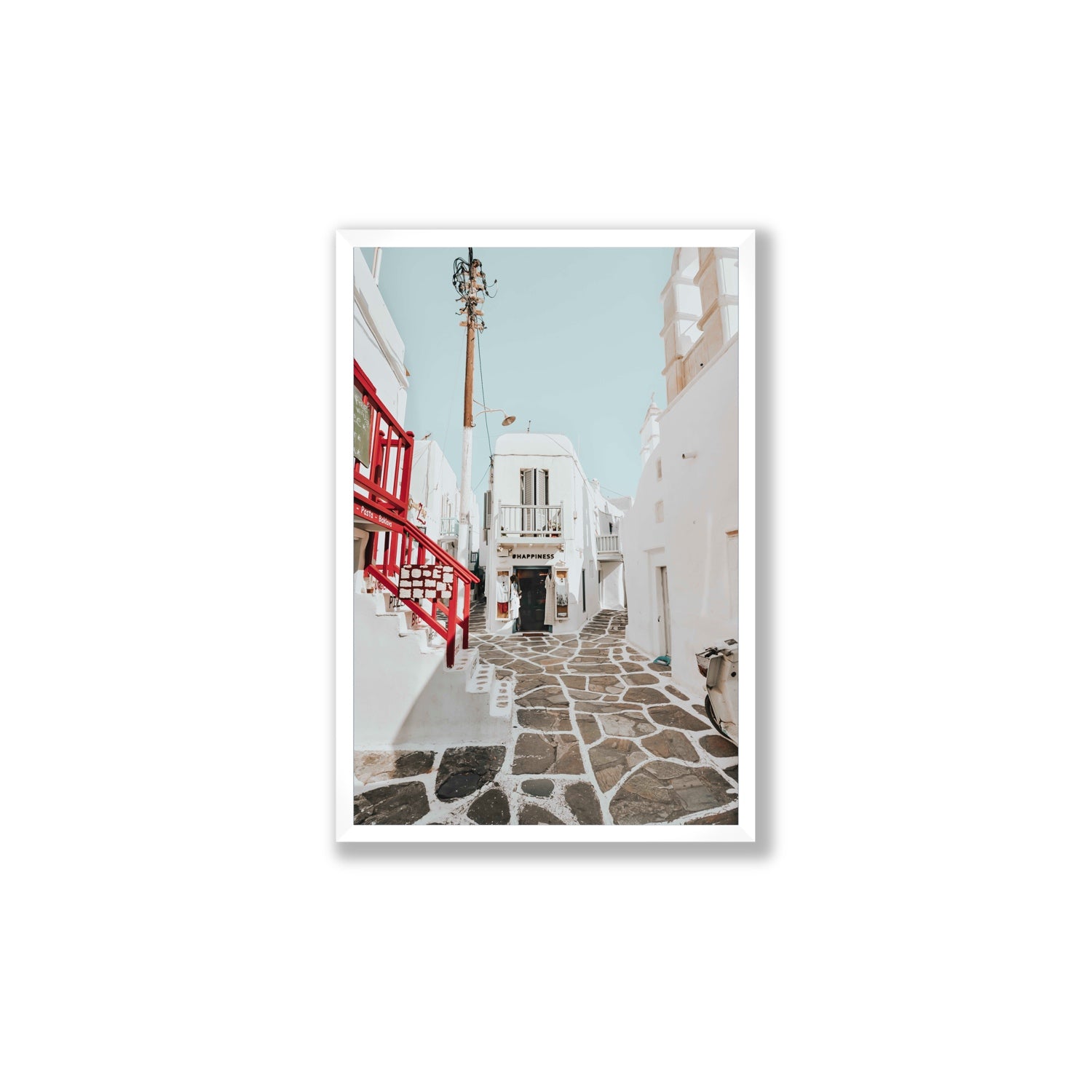 Happiness Mykonos Greek island wall art Large full-bleed fine art print in white frame