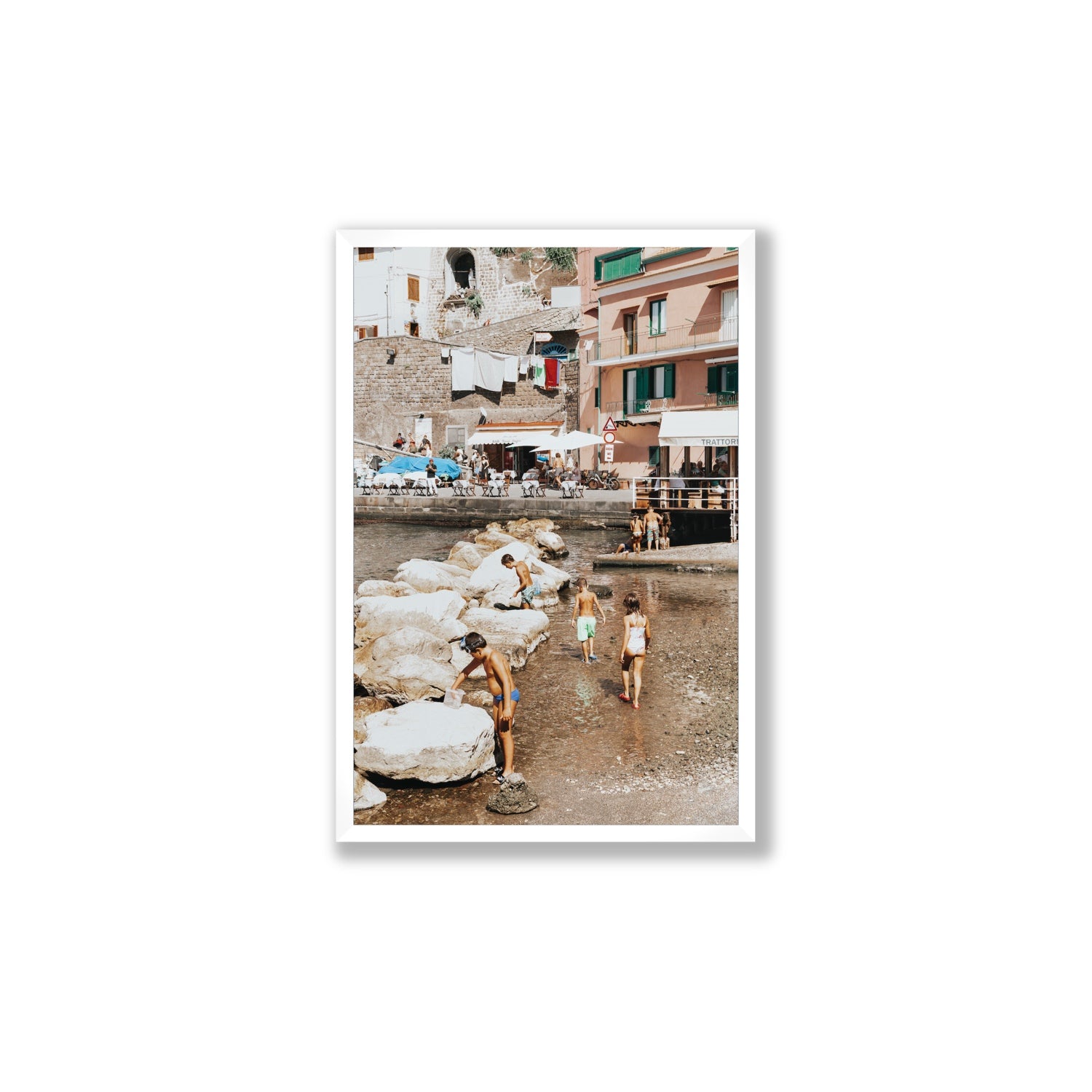 The Beachcombers Sorrento beach coastal wall art Large full-bleed fine art print in white frame