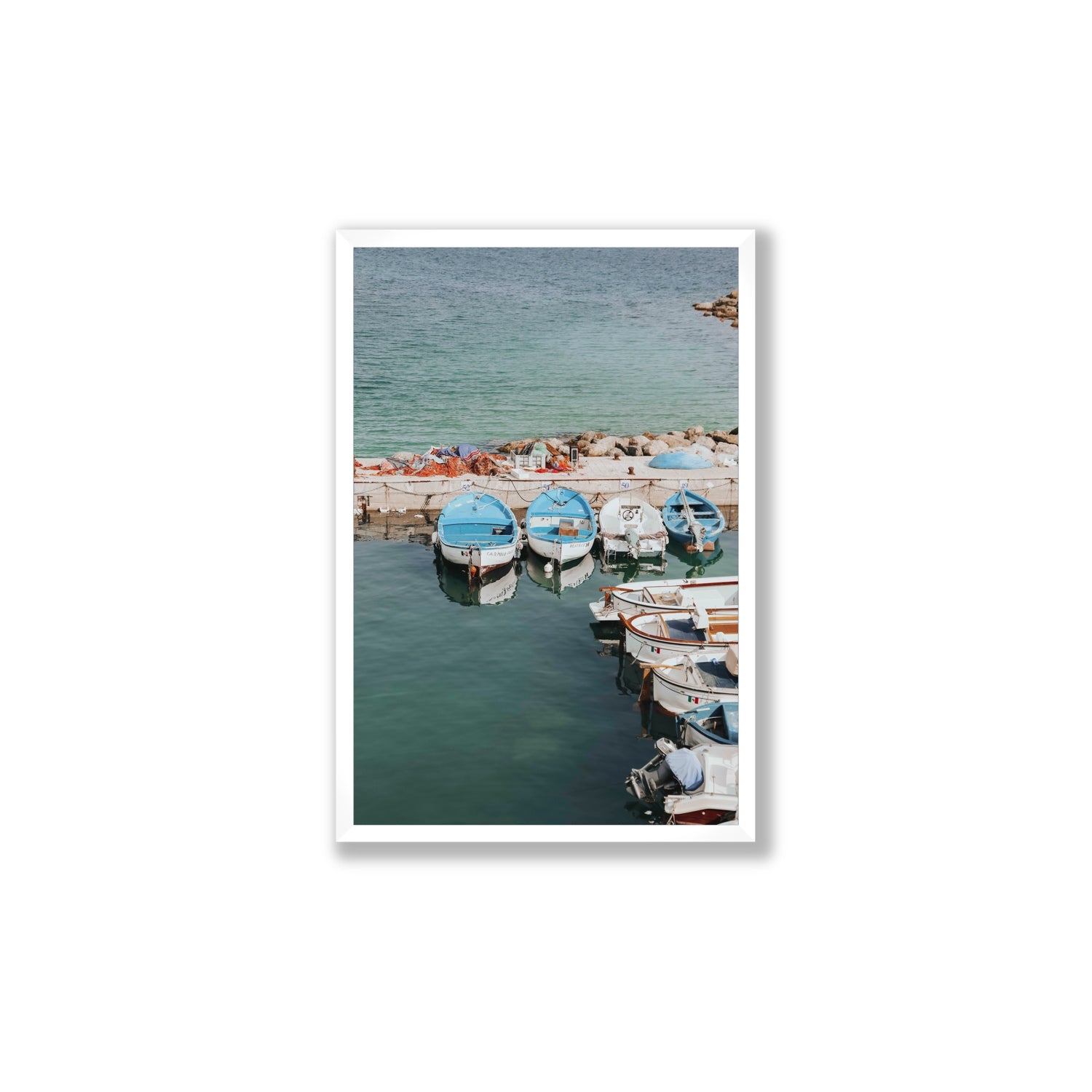 Maritime Memories Puglia Harbour Reflections coastal wall art Large full-bleed fine art print in white frame