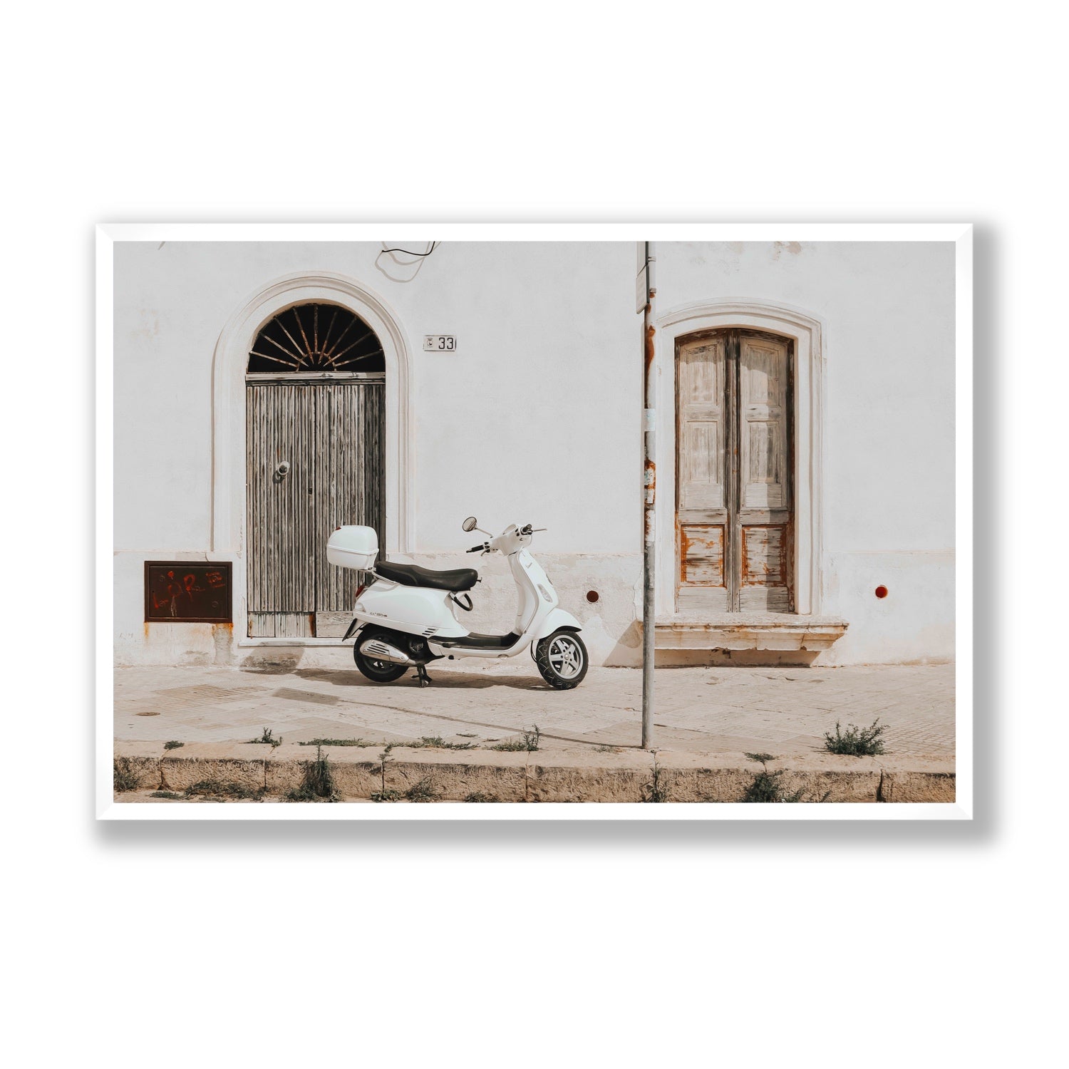 Vespa Nostalgia Puglia Italian wall art Statement full-bleed fine art print in white frame