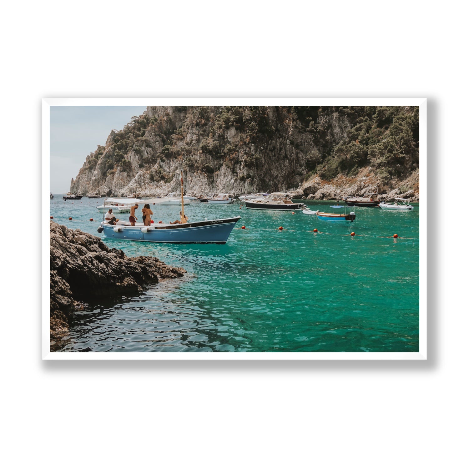 Cozy Cove Capri coastal Mediterranean wall art Statement full-bleed fine art print in white frame
