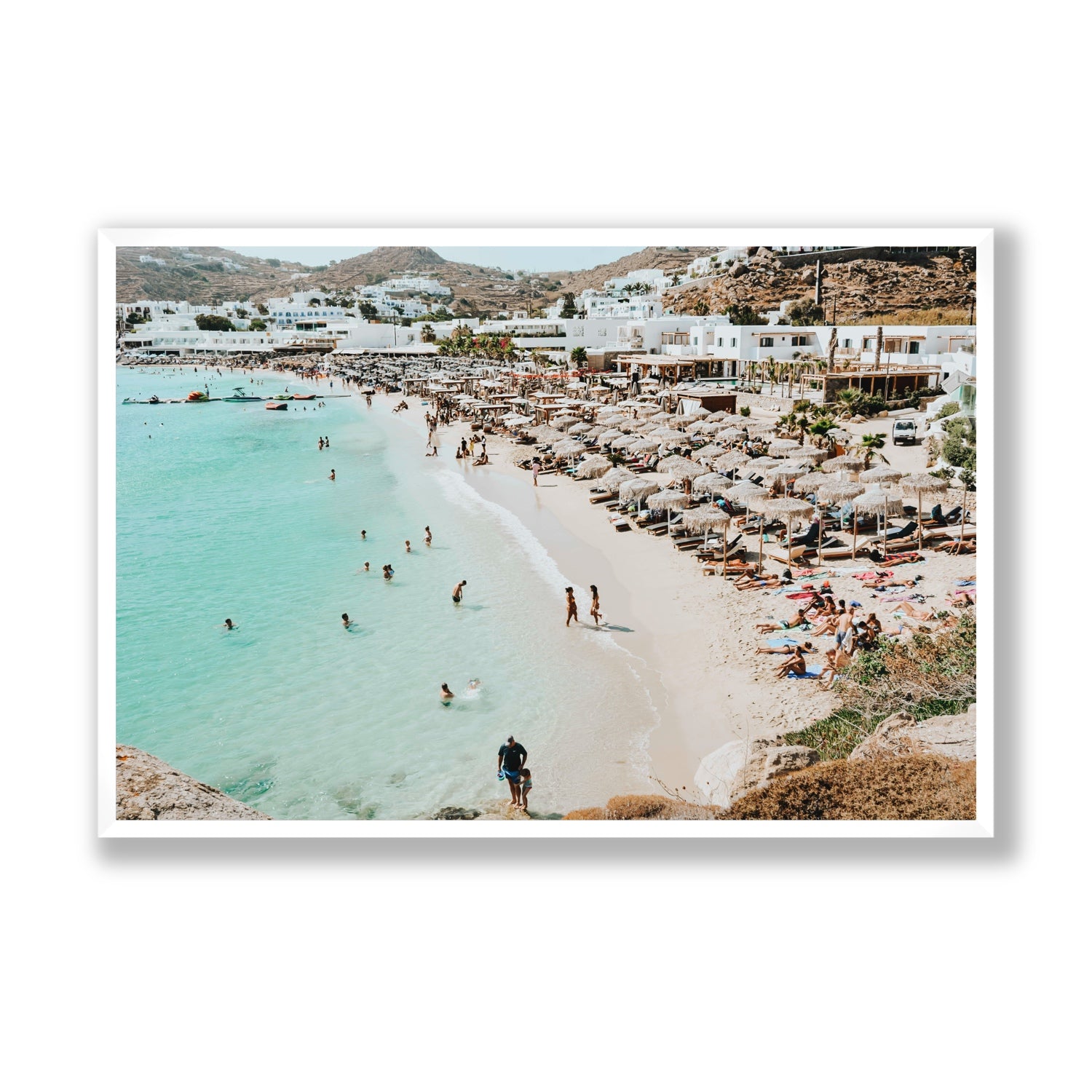 Aquaholic Mykonos Greek island wall art Statement full-bleed fine art print in white frame
