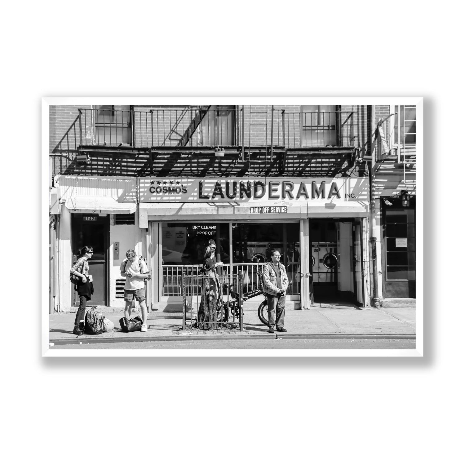 Launderama New York NYC Black & White wall art Statement full-bleed fine art print in white frame