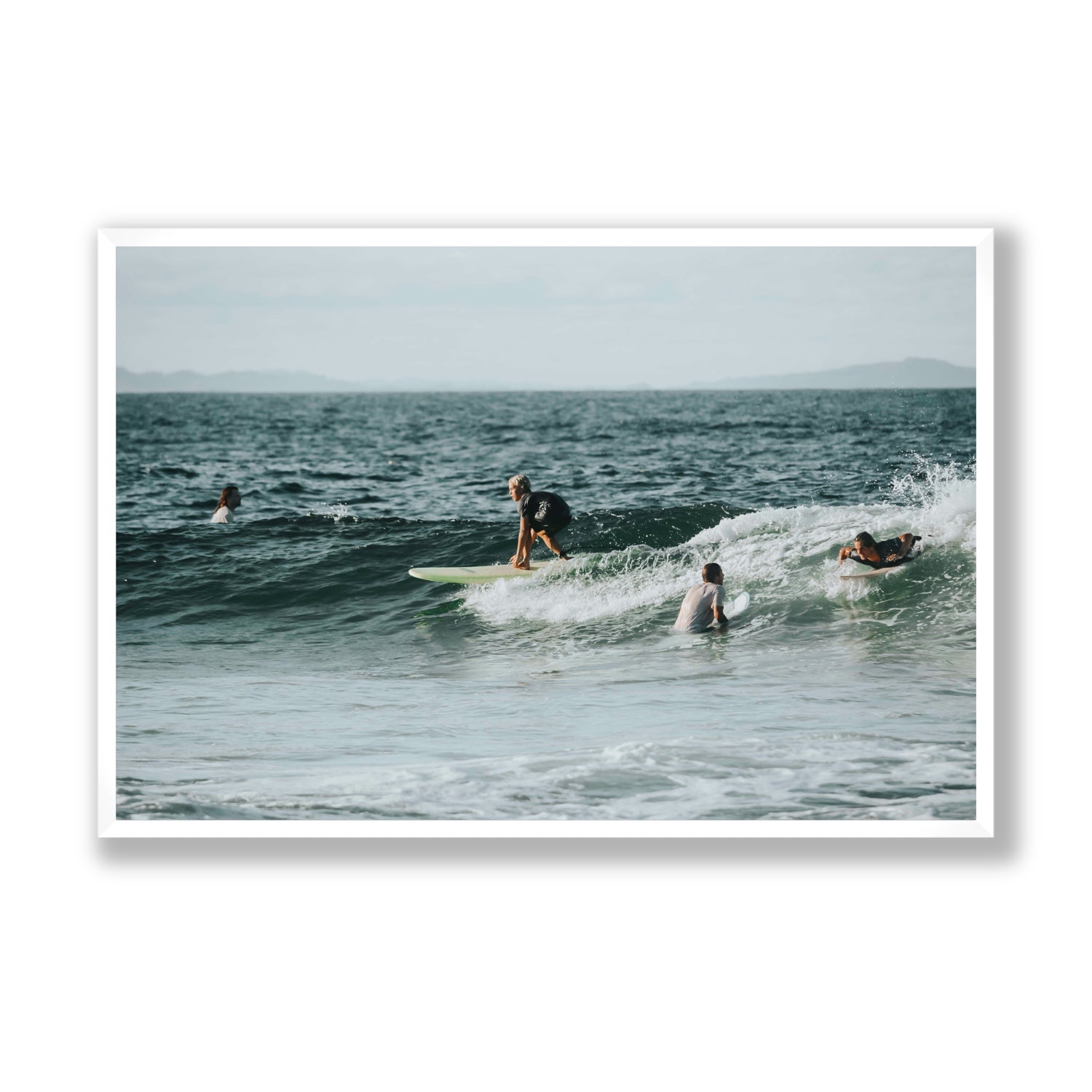The Boys of Summer Byron Bay Surf coastal wall art Statement full-bleed fine art print in white frame
