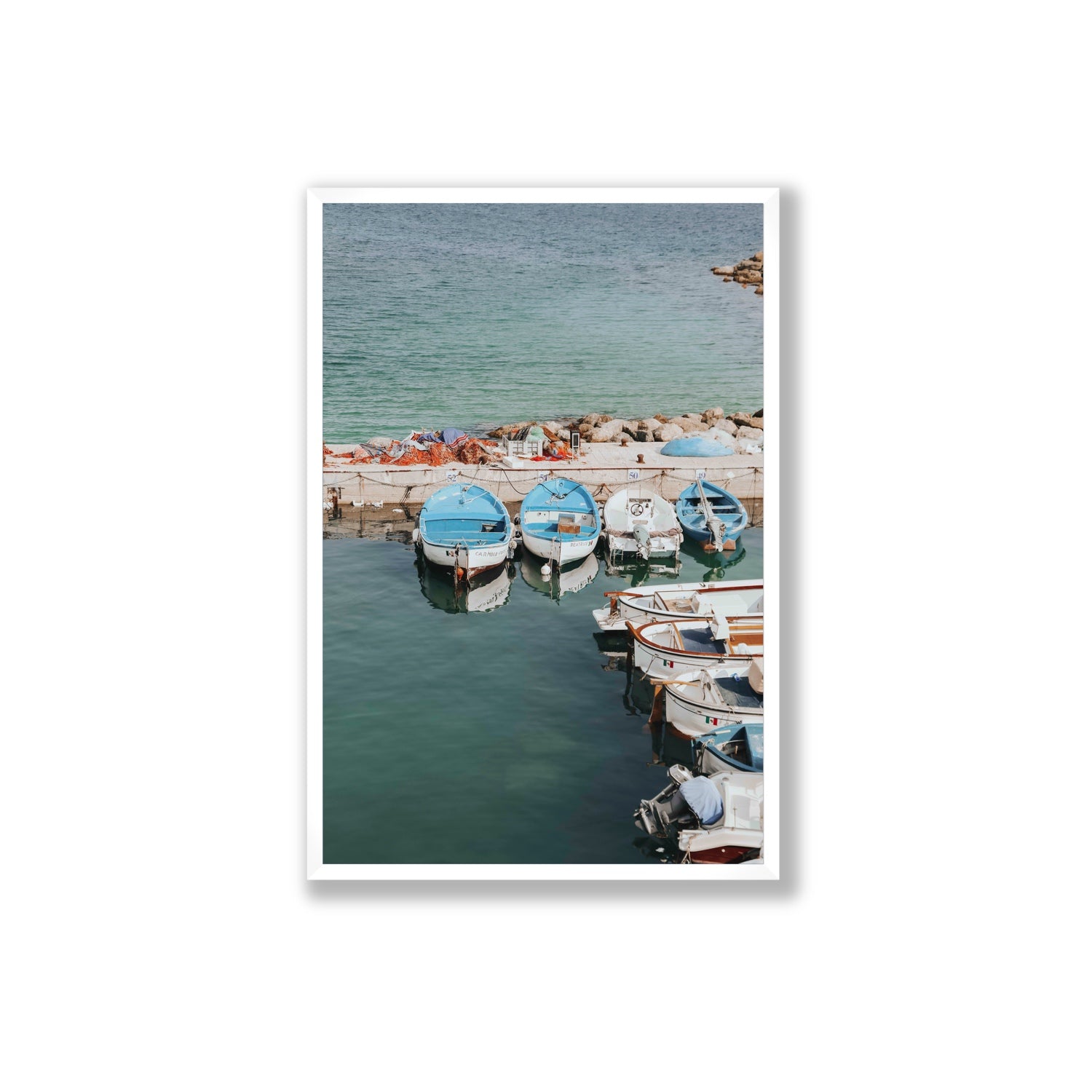 Maritime Memories Puglia Harbour Reflections coastal wall art Extra Large full-bleed fine art print in white frame