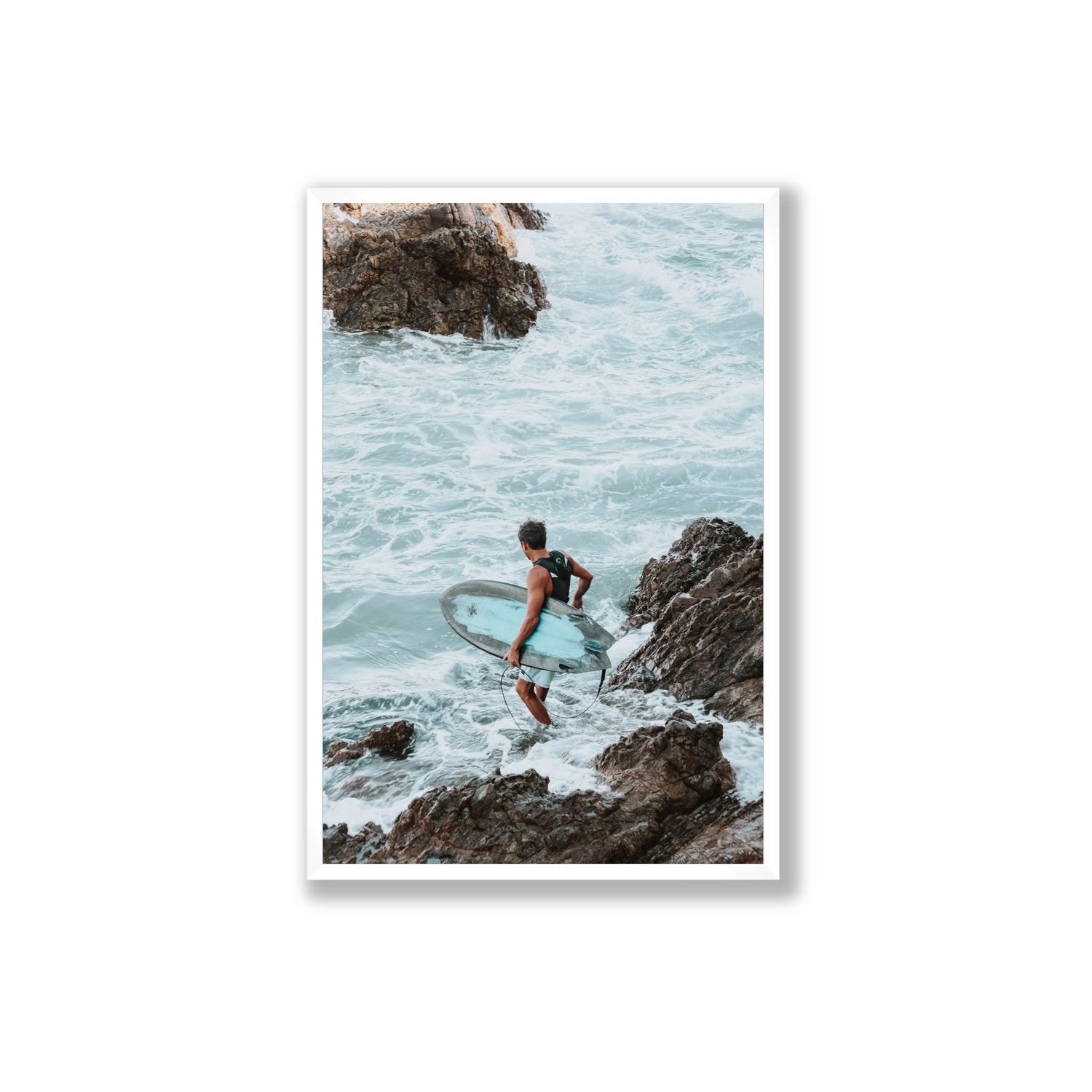 Into The Soup Byron Bay Surf coastal wall art Extra Large full-bleed fine art print in white frame