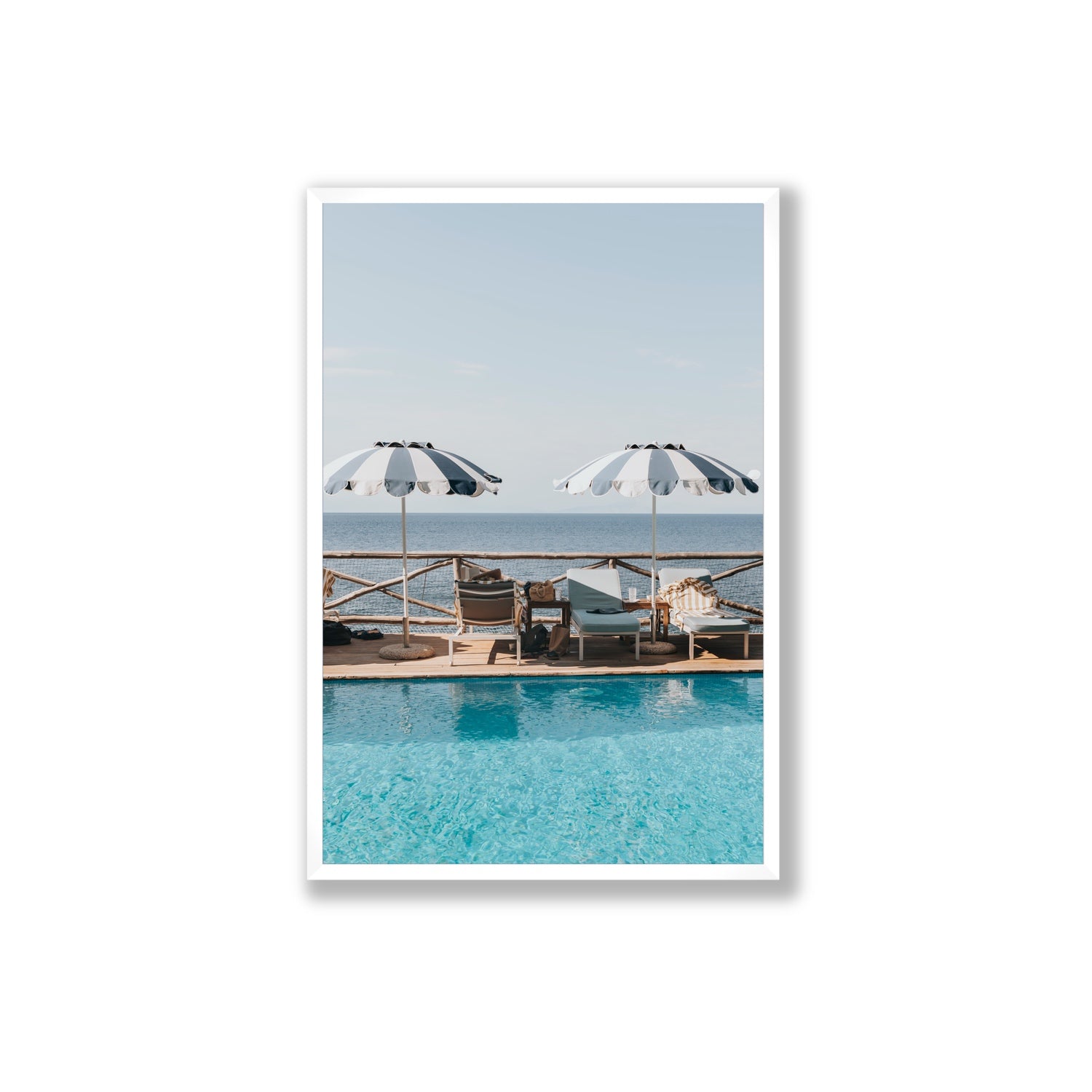 Beach Retreat fine art print, Ischia, Italy, european beach clubs artwork, Extra Large, White Frame · Full Bleed, Fine Art Print