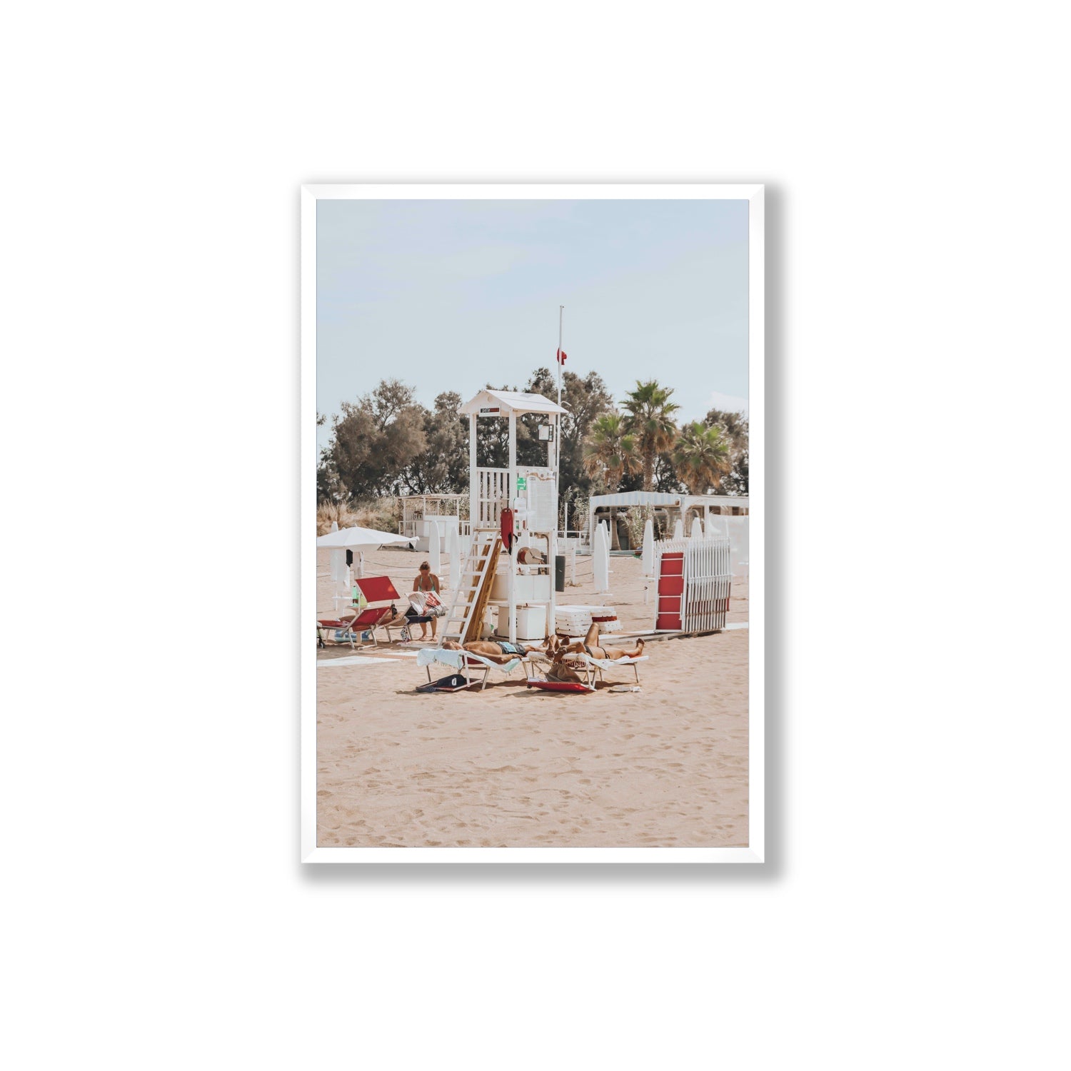 Red Lounge Reverie Puglia beach coastal wall art Extra Large full-bleed fine art print in white frame
