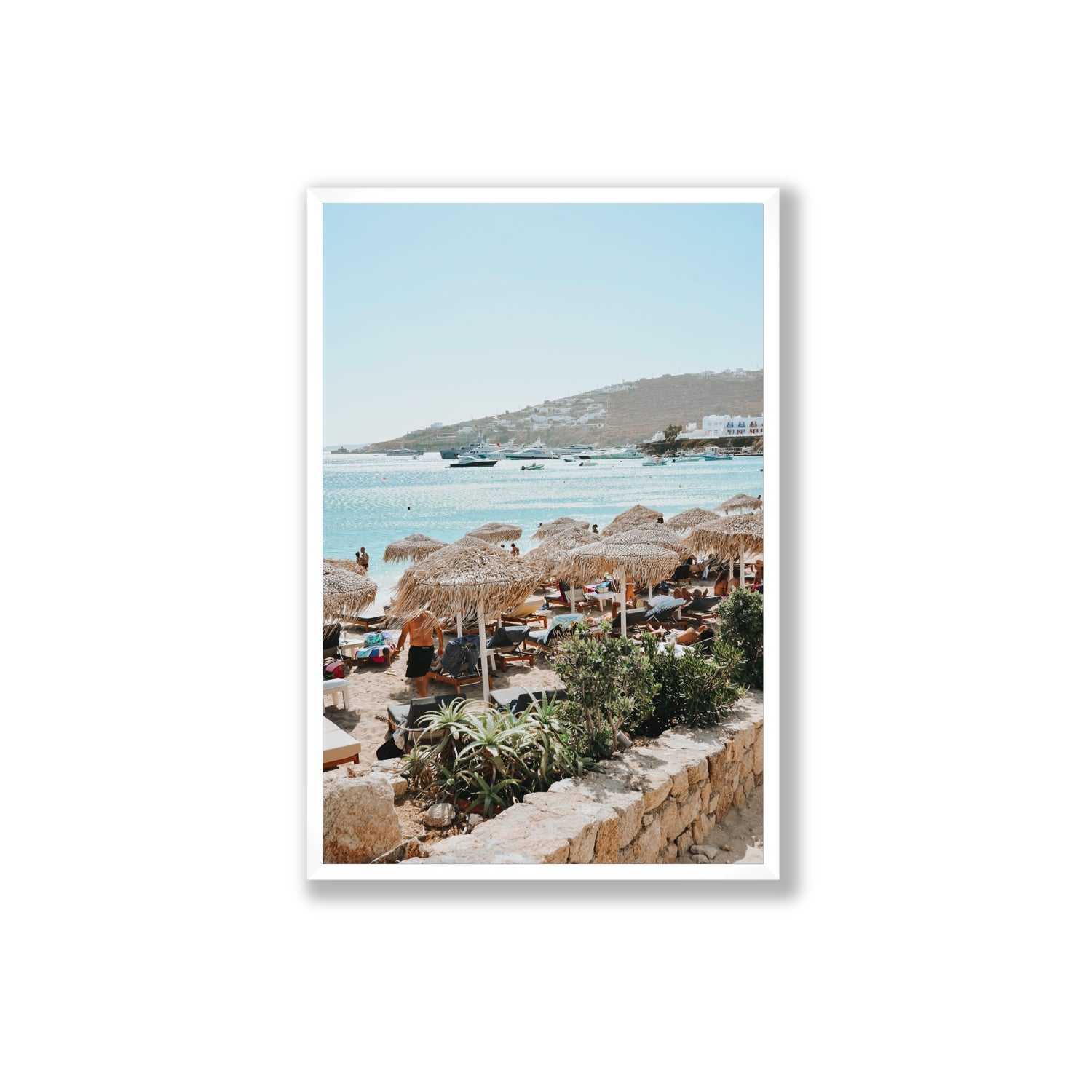 Beachside Huts Mykonos Greek island wall art Extra Large full-bleed fine art print in white frame