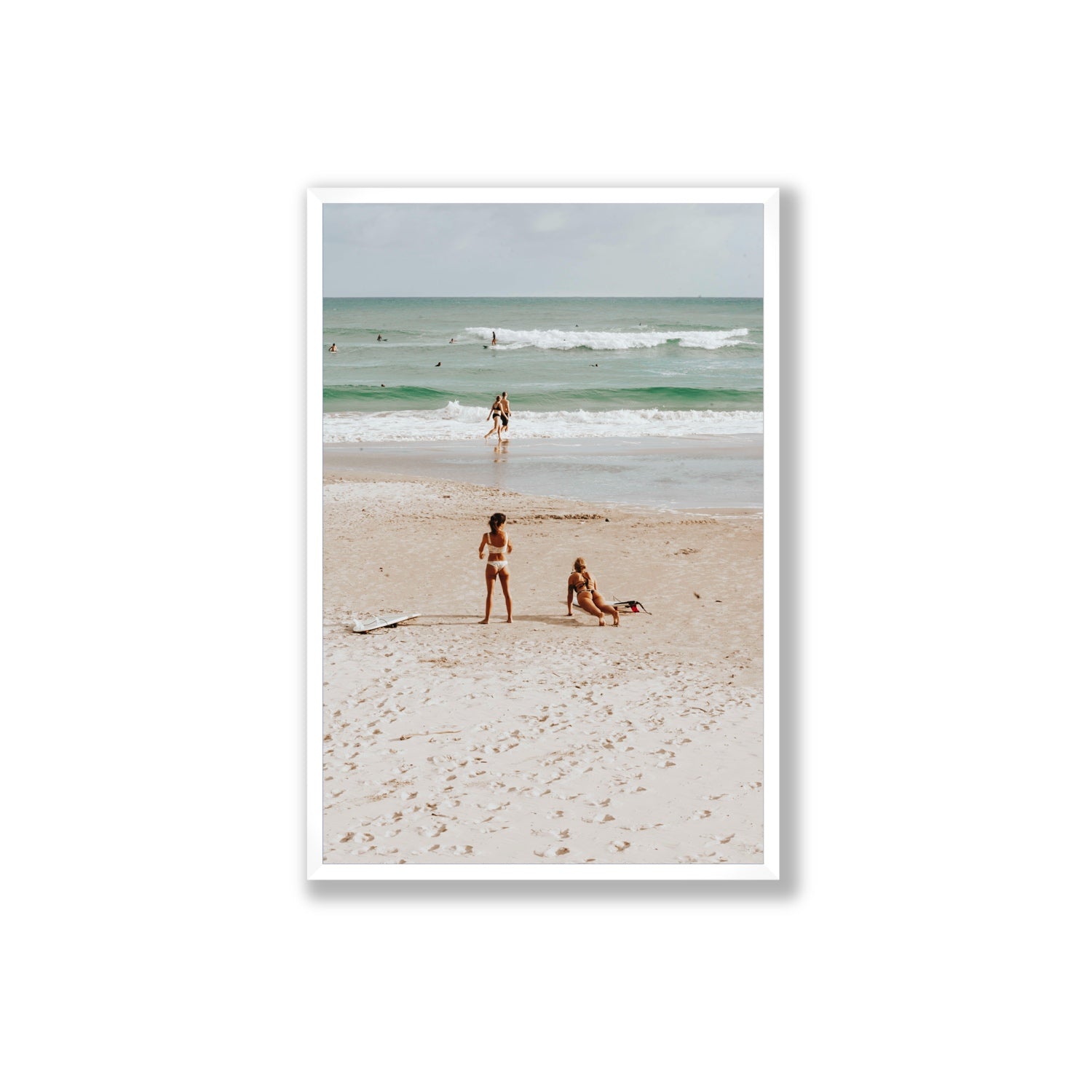 Gidget & Betty Byron Bay beach coastal wall art Extra Large full-bleed fine art print in white frame