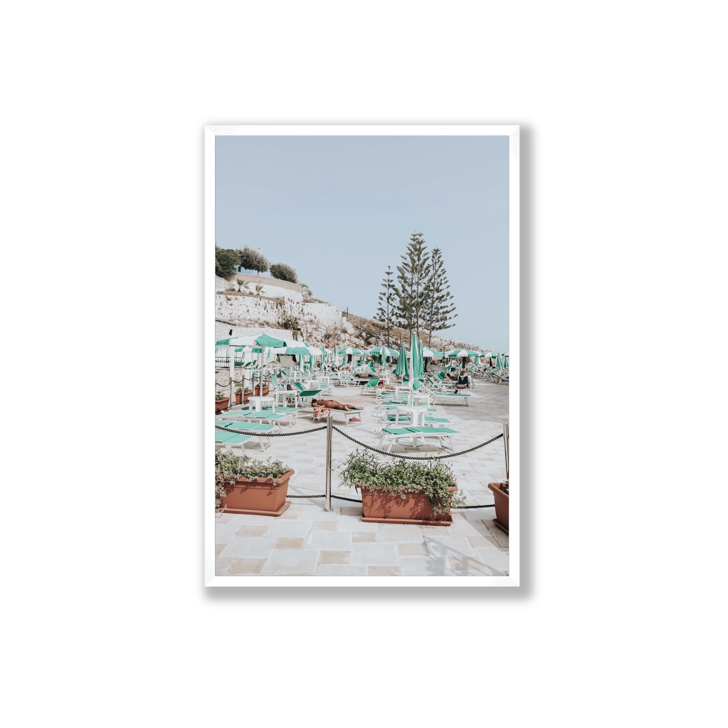 Siesta on The Terrace Puglia coastal wall art Extra Large full-bleed fine art print in white frame