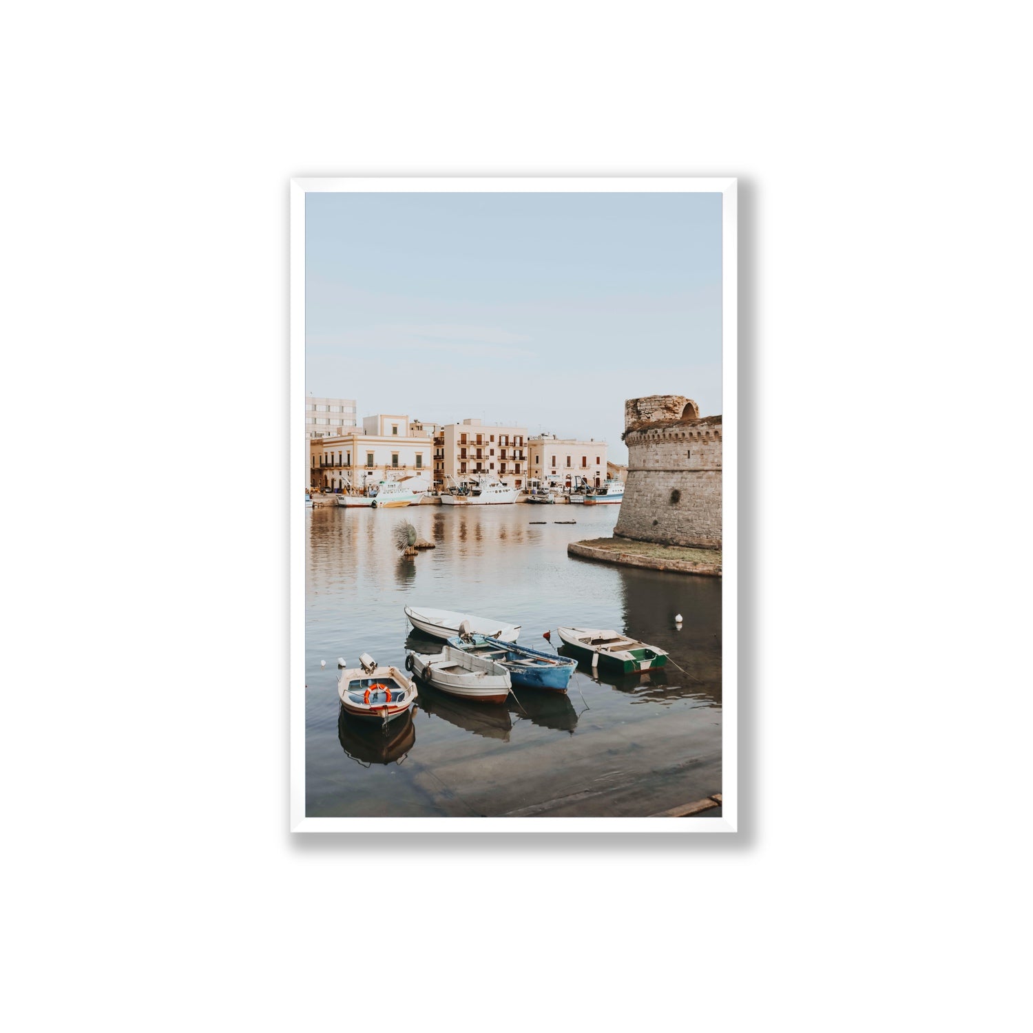 Gallipoli Harbour Puglia coastal wall art Extra Large full-bleed fine art print in white frame