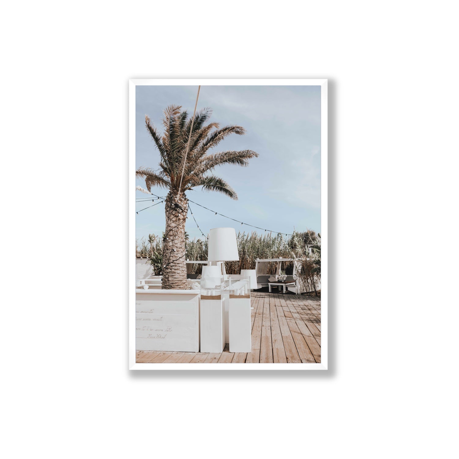 Seabreeze Palm Puglia coastal beach wall art Extra Large full-bleed fine art print in white frame