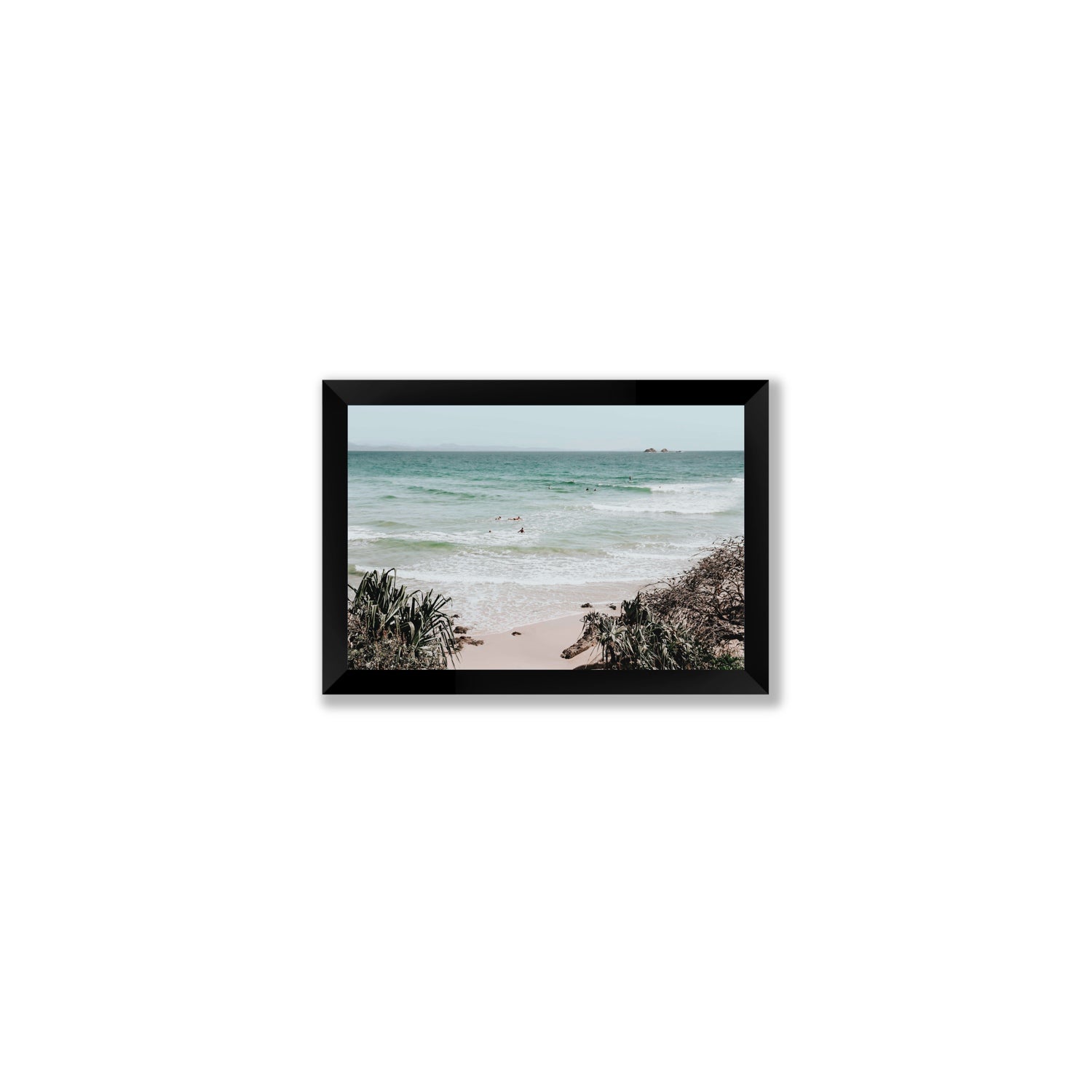 Surf City Byron Bay Surf coastal wall art Small full-bleed fine art print in black frame