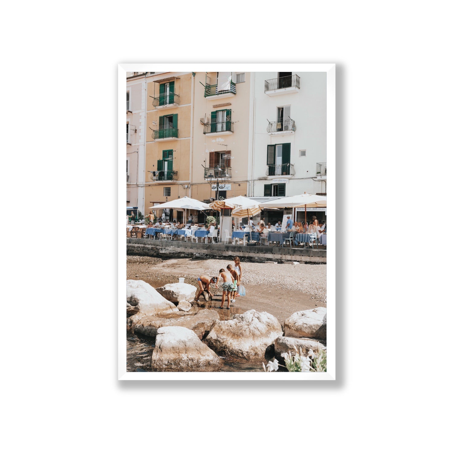 Sunny Playtime Sorrento coastal wall art Giant full-bleed fine art print in white frame